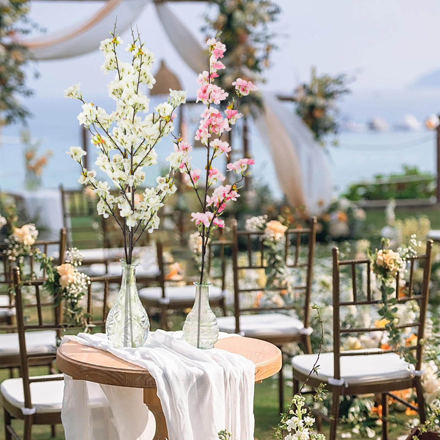 Bacucine 6PCS Artificial Cherry Blossom Branches Faux Cherry Silk Flowers Vine Tall Stems Artificial Flower for Vase Wedding Home Decor (White)