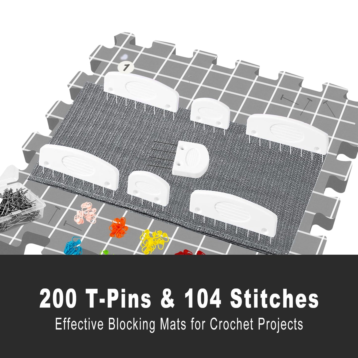 Mevome Blocking Mats for Knitting, Extra Thick Block Boards Crochet Projects with Grid Lines Needlepoint Knit Crocheting, 9 Foam Interlocking Mat &200 T-pins &100 Locking Stitch Markers &Storage Bag (Gray)