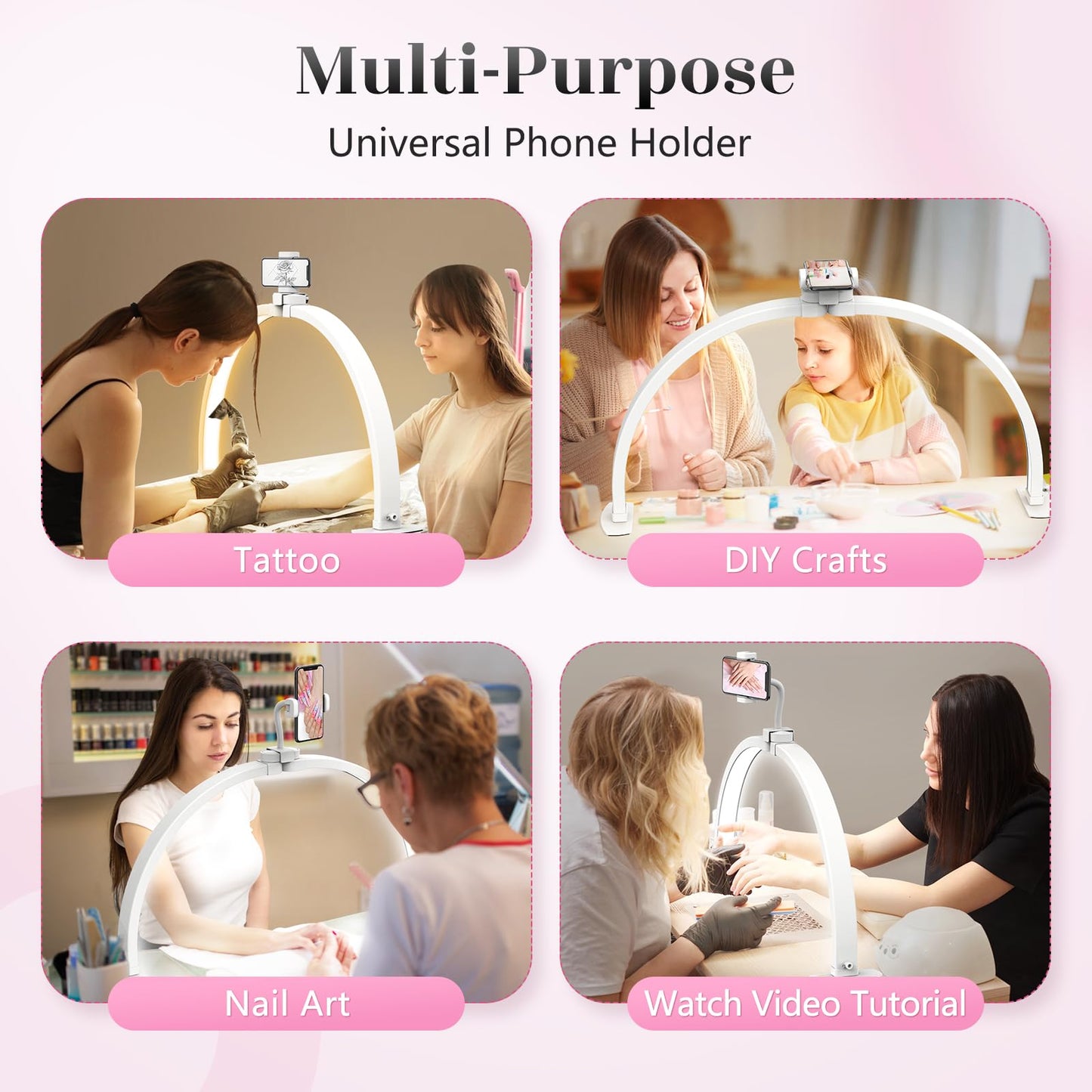 Yokilly Half Moon Light for Nail Desk: 29" Foldable Half Moon Nail Desk Lamp with Phone Holder for Beginner - Arch Tech Light with 3 Color Modes & 10 Brightness for Manicure Salon (White, Large)