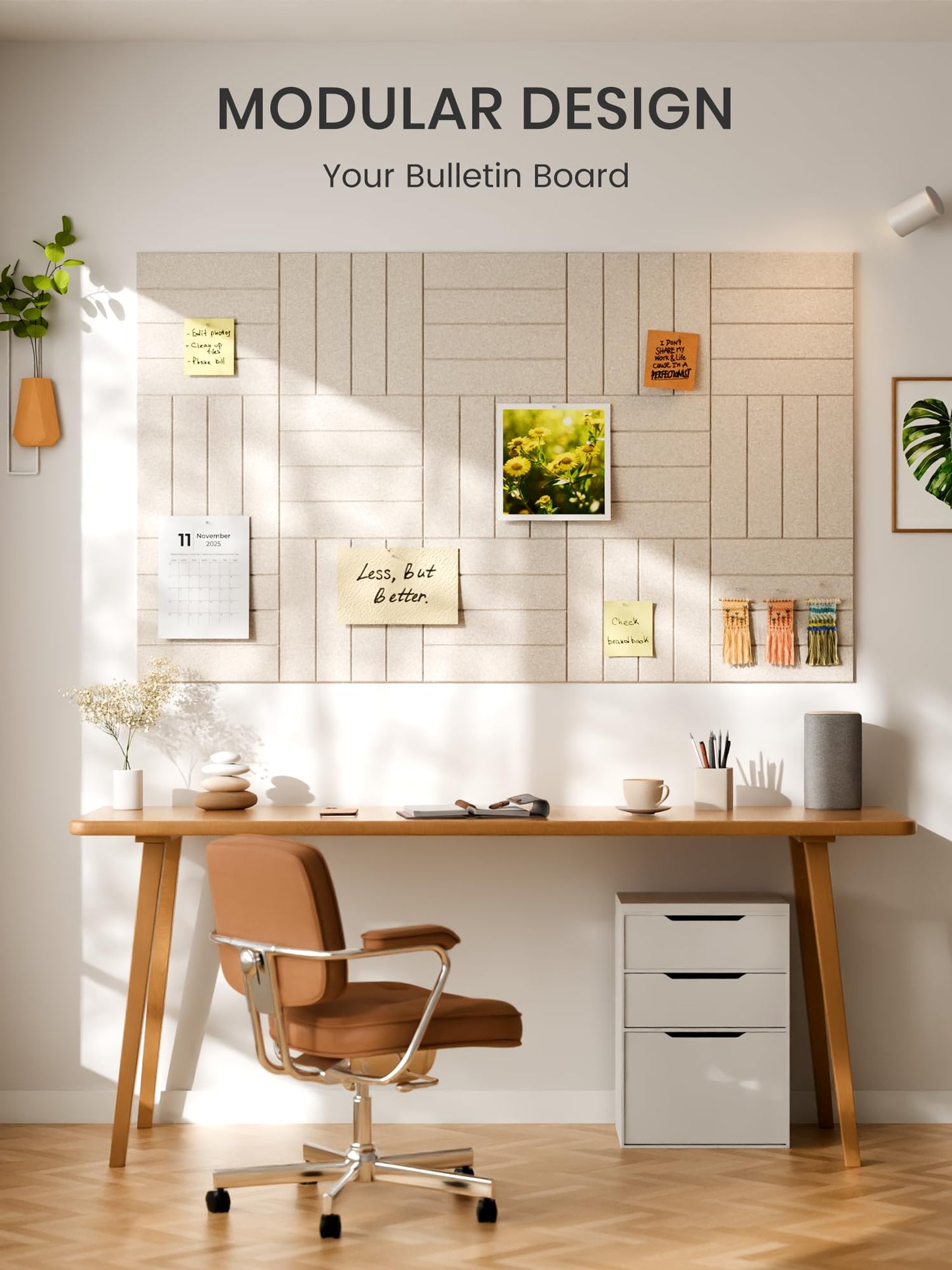 Bumusty Large Felt Bulletin Board, 36" x 24" Cork Board Alternative, 6-Pack Bold Stripe Felt Wall Tiles with 30 Push Pins and 40 Adhesive Tabs, Ideal for Office, Home & Classroom, Oatmeal