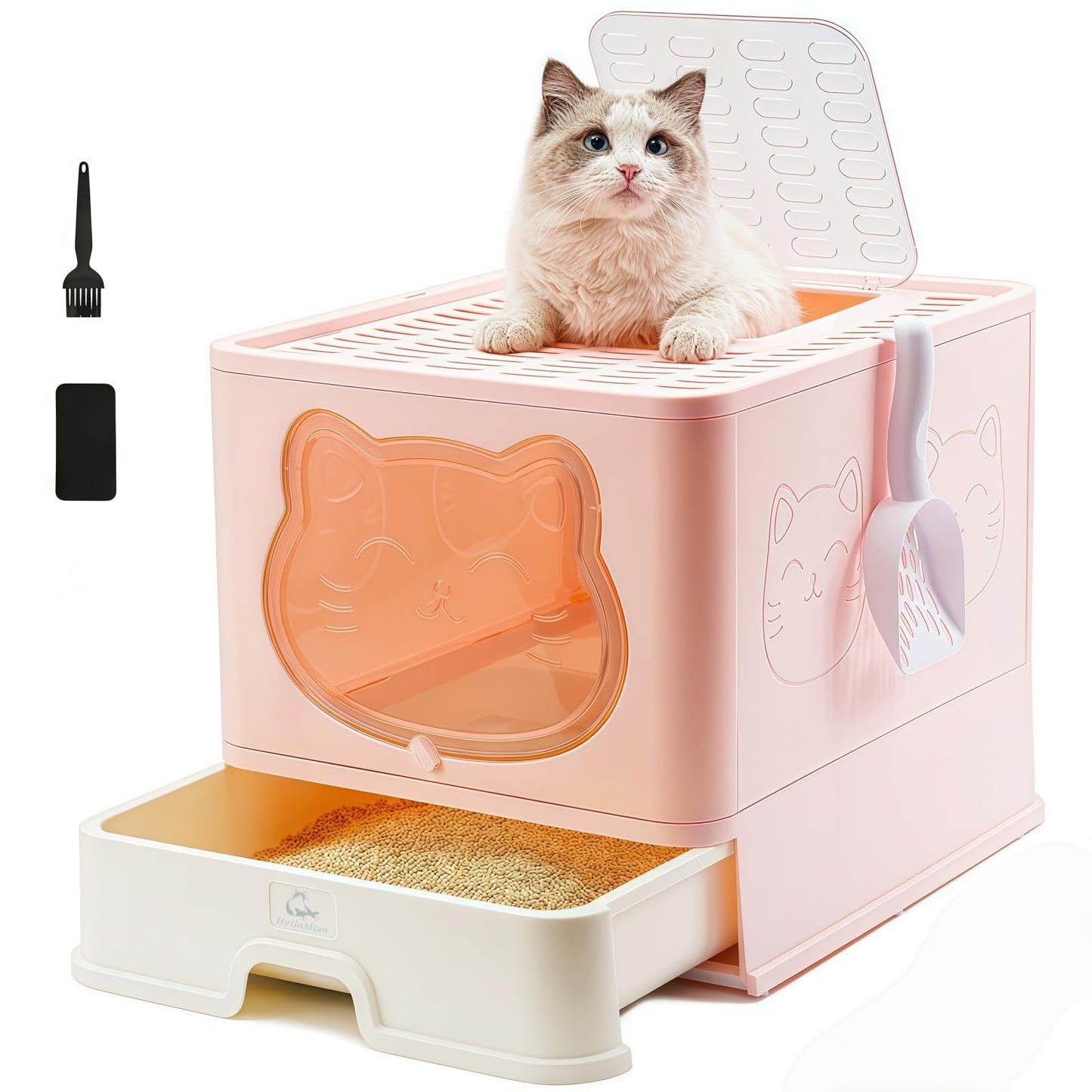 HelloMiao Fully Enclosed Cat Litter Box with Lid, Foldable Extra Large Cat Toilet, Drawer Type Cat Litter Tray with Plastic Scoop, Suitable for Cats Under 17.6Ib(8kg)