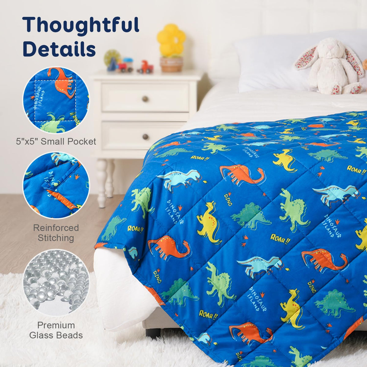 Kivik Weighted Blanket 3lb, Washable Breathable Heavy Blankets Throw, Sleeping & Calming for Bed Couch School, Cooling Microfiber, 36x48 Inches, 3 Pound, Blue Dinosaur