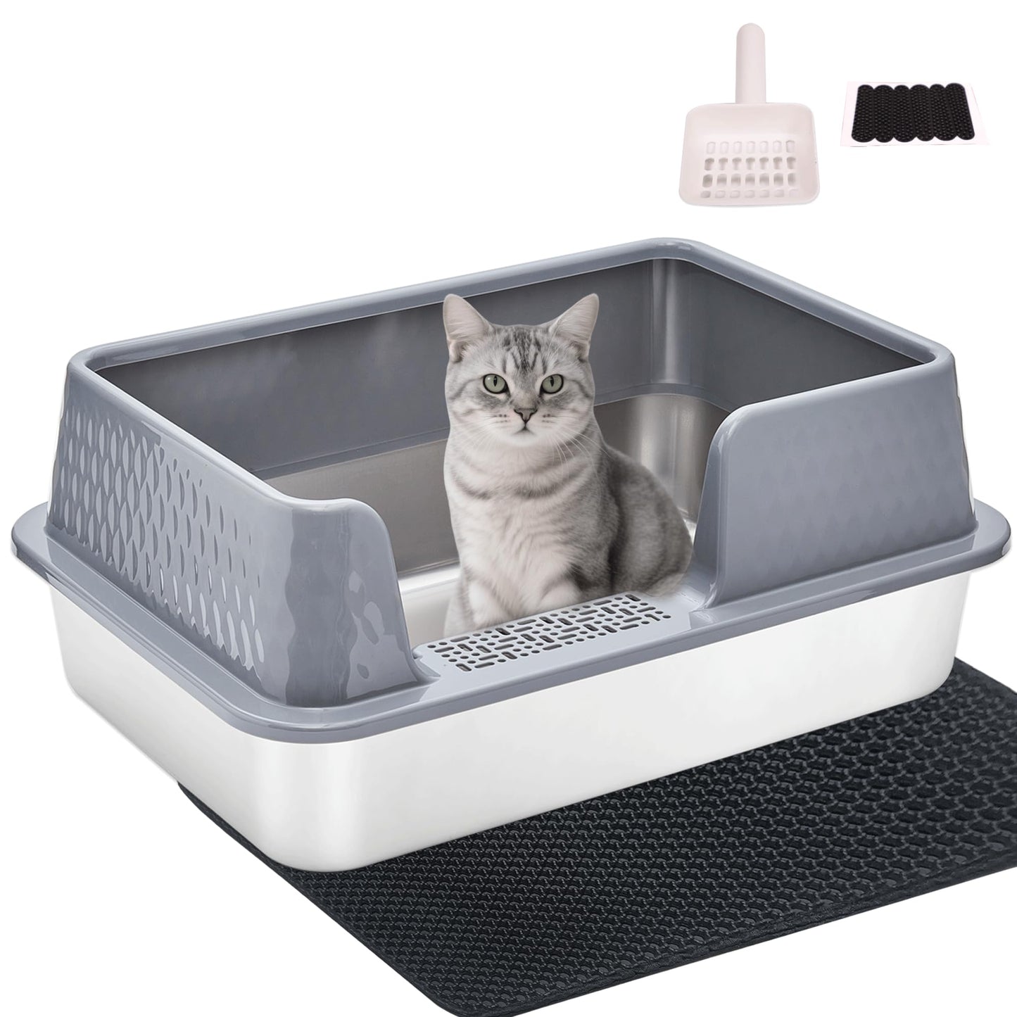 Kittenhood Low Entry Enclosed Stainless Steel Cat Litter Box with Lid Scoop and Pads, 50cm* 35cm* 20cm Grey Standard Easy Clean Metal Kitty Kitten Litter Box