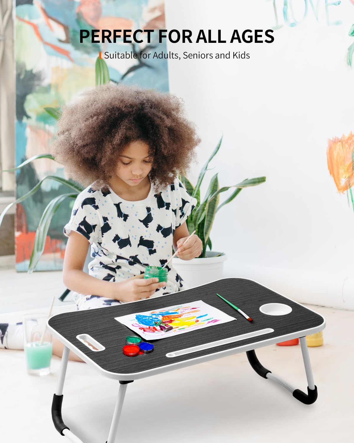 FISYOD Folding Laptop Table, Portable Lap Desk for Bed and Sofa, Laptop Stand with Cup Holder and Tablet Slot and Lift Handle for Work, Writing, Drawing and Eating
