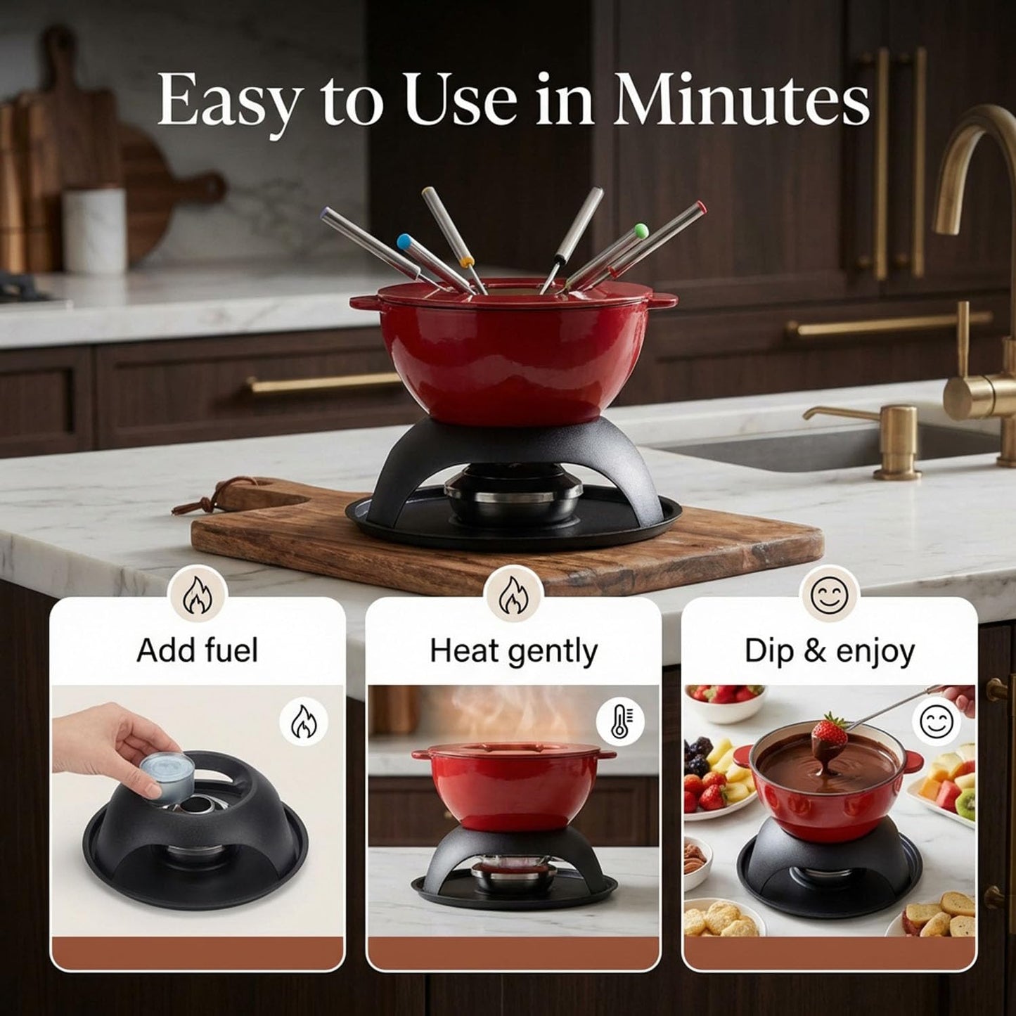 Artestia Cast Iron Cheese Fondue Pot Set, 5-Cup Cheese & Chocolate Fondue Pot with Adjustable Burner and 6 Color-Coded Forks, Fondue Set for 4-6 People, Red