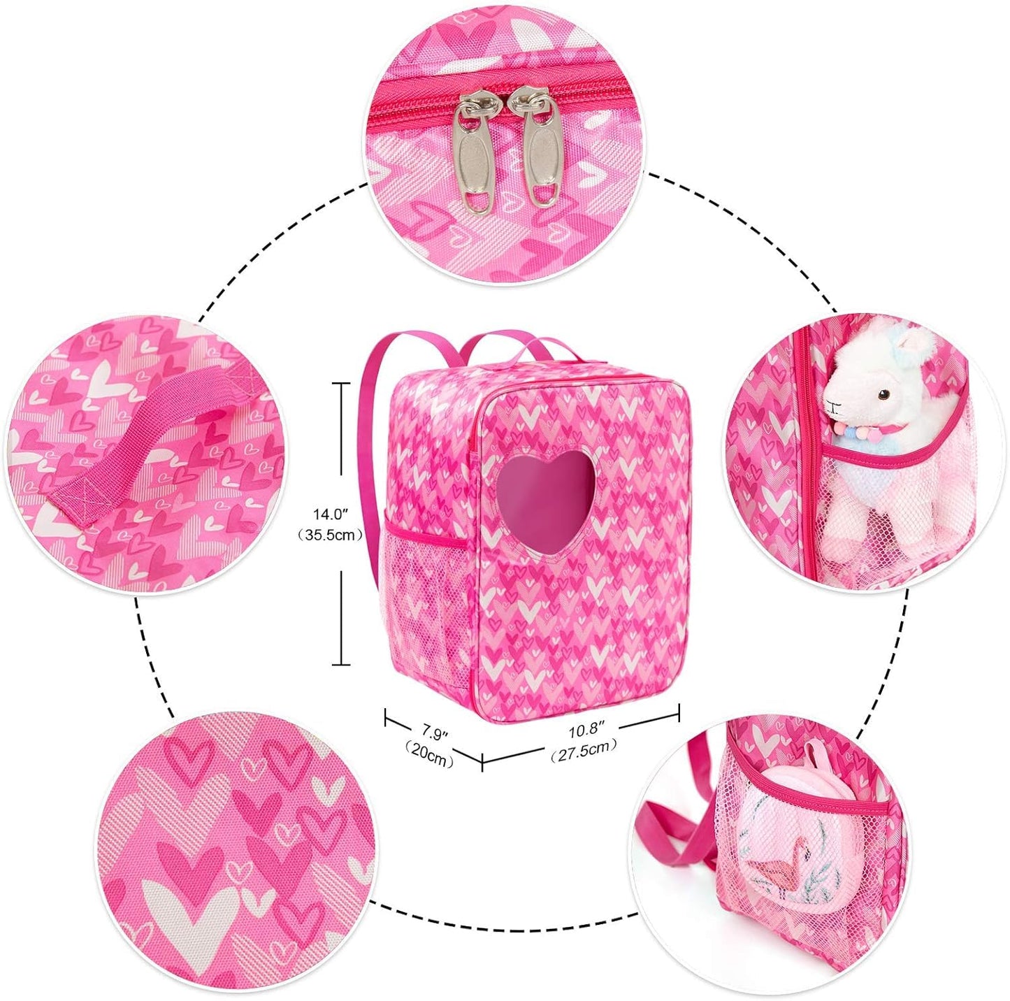 18 Inch Girl Doll Carrier Bag with Doll Clothes and Accessories,Including Dress, White Cloth Doll Shoes ,Doll Backpack, Sunglasses, Toy Lamb