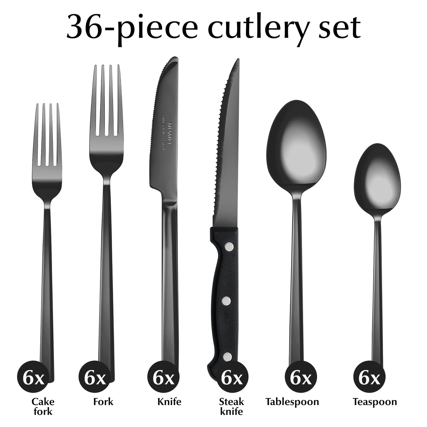 MIAMIO – Cutlery Set Stainless Steel for 6 People / 36-Piece Flatware Set – Includes Knives, Forks, Spoons – Dishwasher Safe (Black)