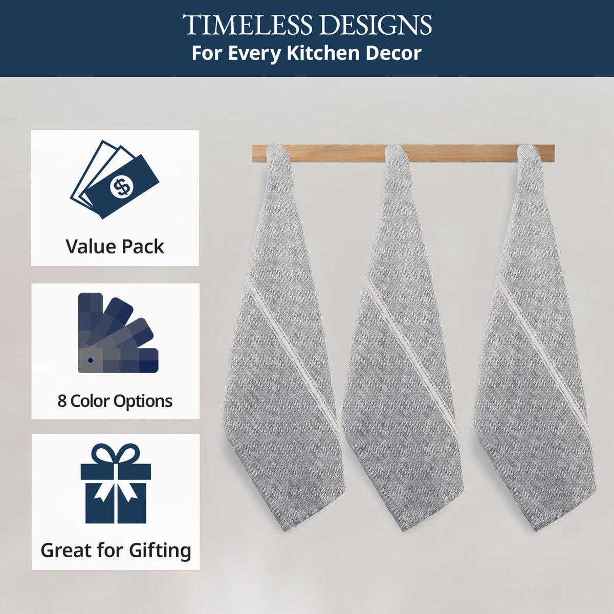 Kitchen Towel Set - 100% Cotton Kitchen Towels, Reusable Dish Cloths, Grey Dish Towels for Kitchen, Soft Absorbent Tea Towels, Durable Kitchen Hand Towels, 14” x 25” Kitchen Dish Towels - 12 Pack