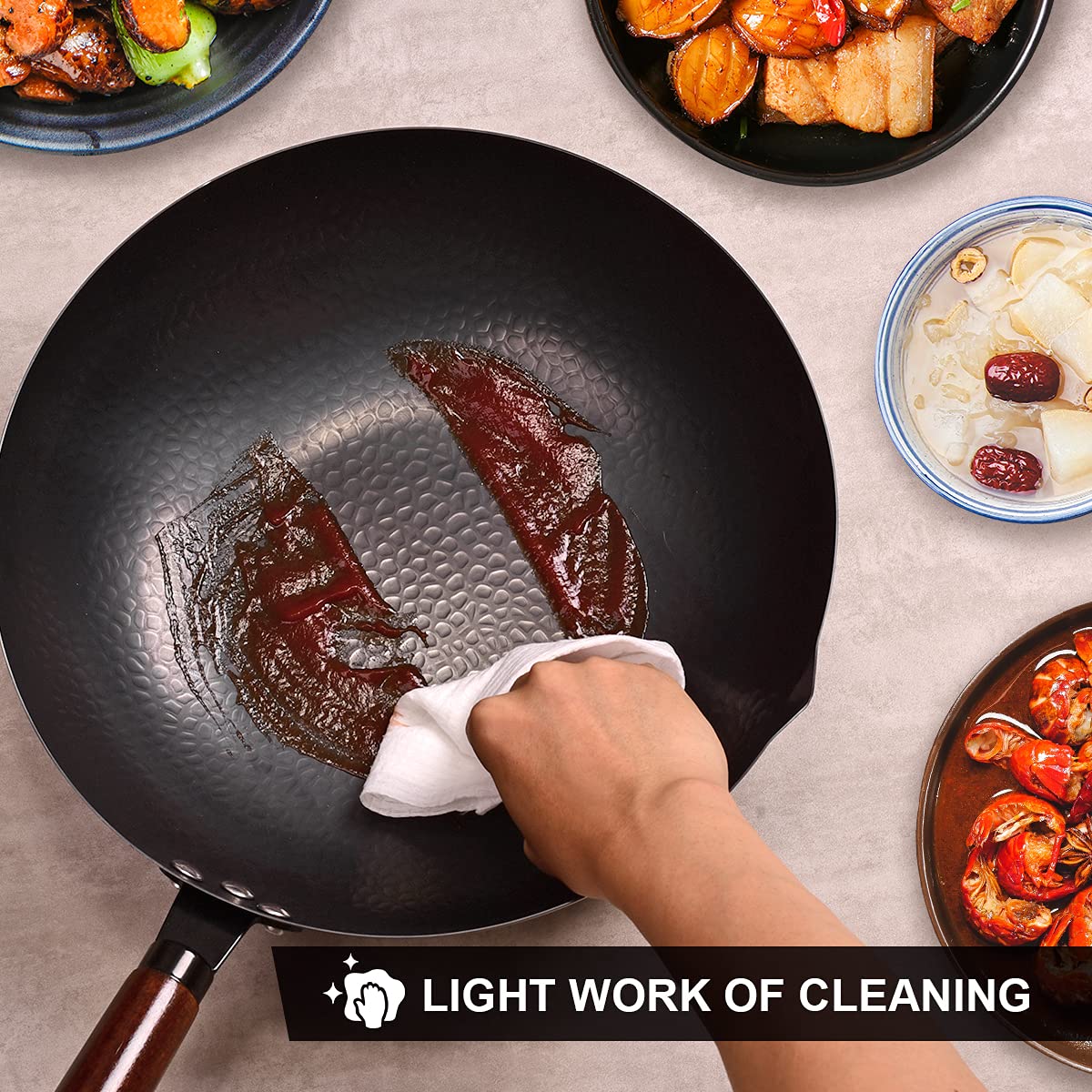 Leidawn 12.8" Carbon Steel Wok - 11Pcs Woks & Stir Fry Pans Wok Pan with Lid, No Chemical Coated Chinese Wok with 10 Cookware Accessories, Flat Bottom Woks for Electric, Induction and Gas Stoves