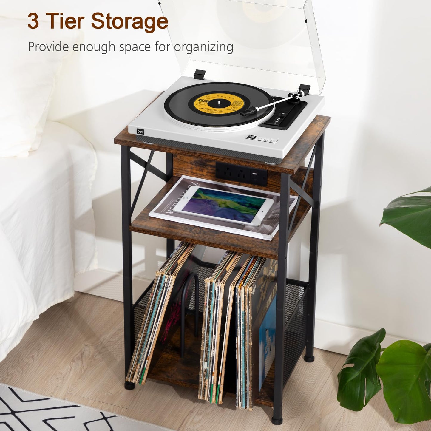 AMHANCIBLE Record Player Stand with Charging Station, Turntable Stand with Storage Cabinet, 3 Tier End Table Hold Up to 100 Albums, Record Stand for Vinyl, Living Room, Rustic Brown, HETCD01BR-1