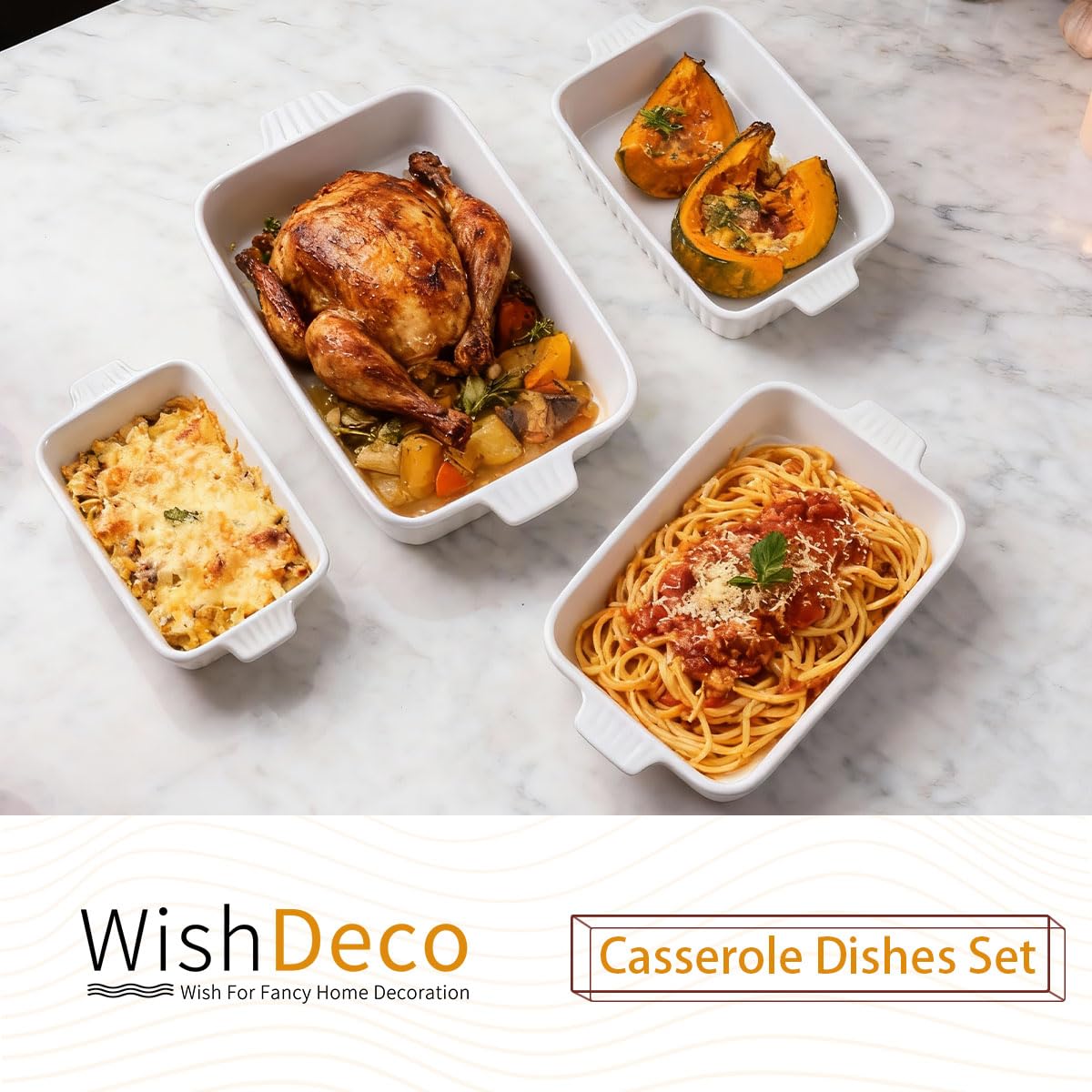 WishDeco Ceramic Casserole Dishes Set of 4, Baking Dishes for Oven, Rectangular Lasagna Pan Deep with Handles, White Porcelain Bakeware (15''/12.4''/11''/9.6''), Dishwasher Safe