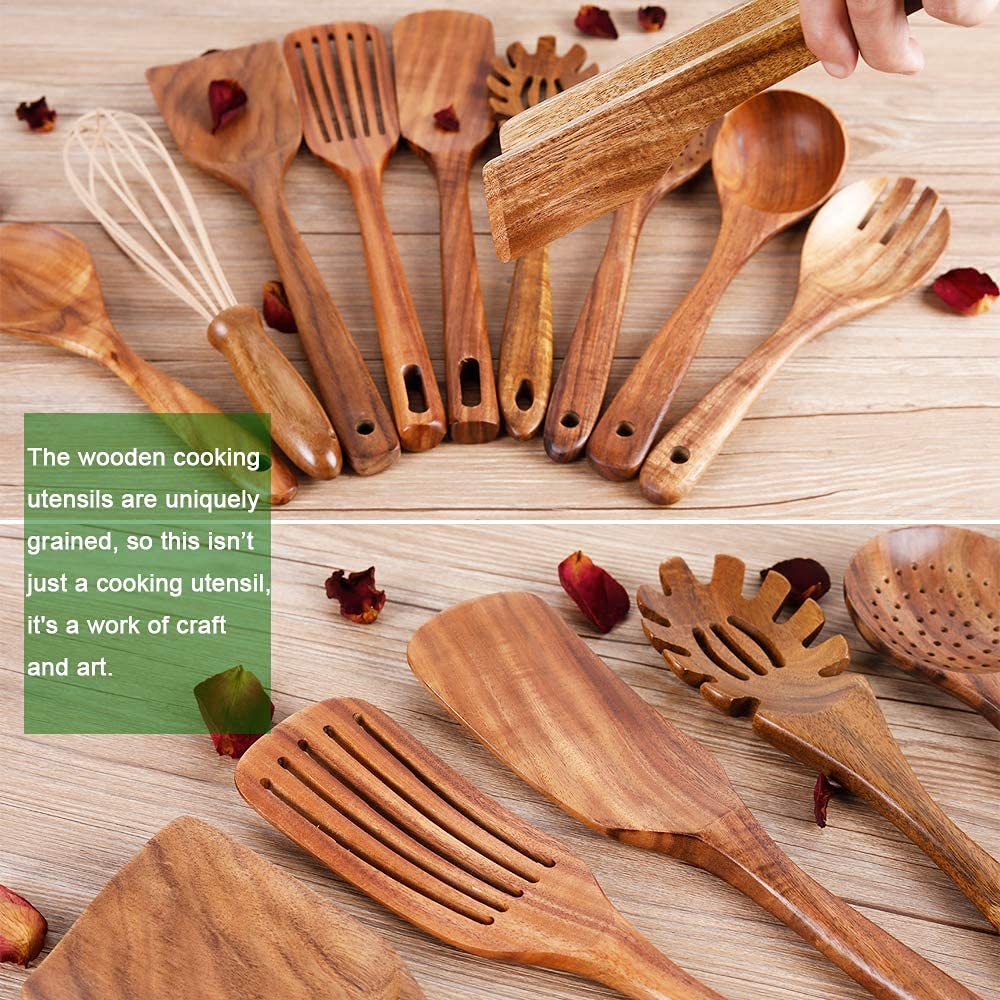 Natural Teak Wood Utensils with Spatula and Ladle (10) - Nonstick Wooden Kitchen Utensils
