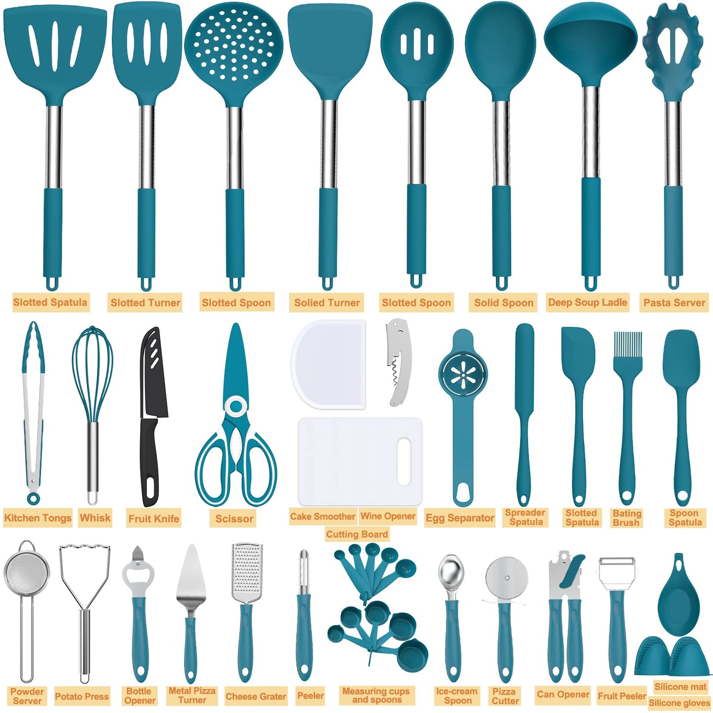 Silicone Cooking Utensil Set, Umite Chef 43 PCS Heat Resistant Kitchen Utensil Gadgets Set-Stainless Steel Handle- Kitchen Spatula Tools for Nonstick Cookware, Pots and Pans Accessories (Khaki)