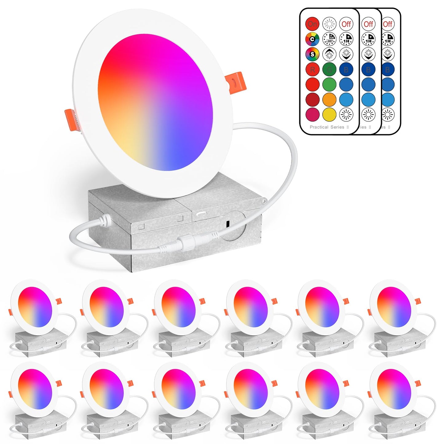 Recessed Lighting 4 Inch RGBW Color Changing Pot Lights 12W LED Downlights,1080LM Recessed Ceiling Light,RGB + Warm White 2700K Dimmable by Remote Control,Timer - 12 Color Choices - 2 Modes,12 Pack