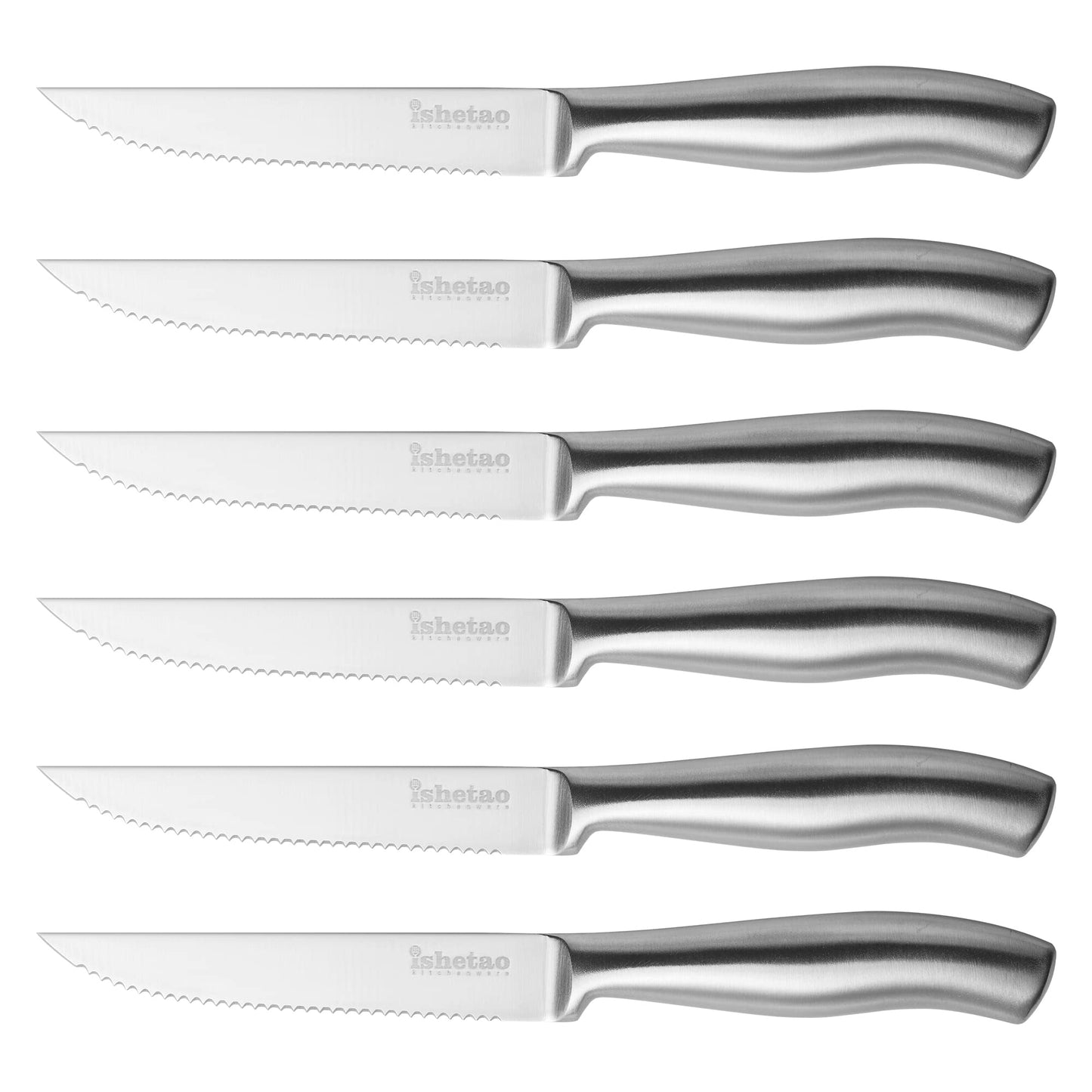 isheTao Steak Knives, 4.5 inches Steak Knife Set of 6, Dishwasher Safe High Carbon Stainless Steel Steak Knife, Silver