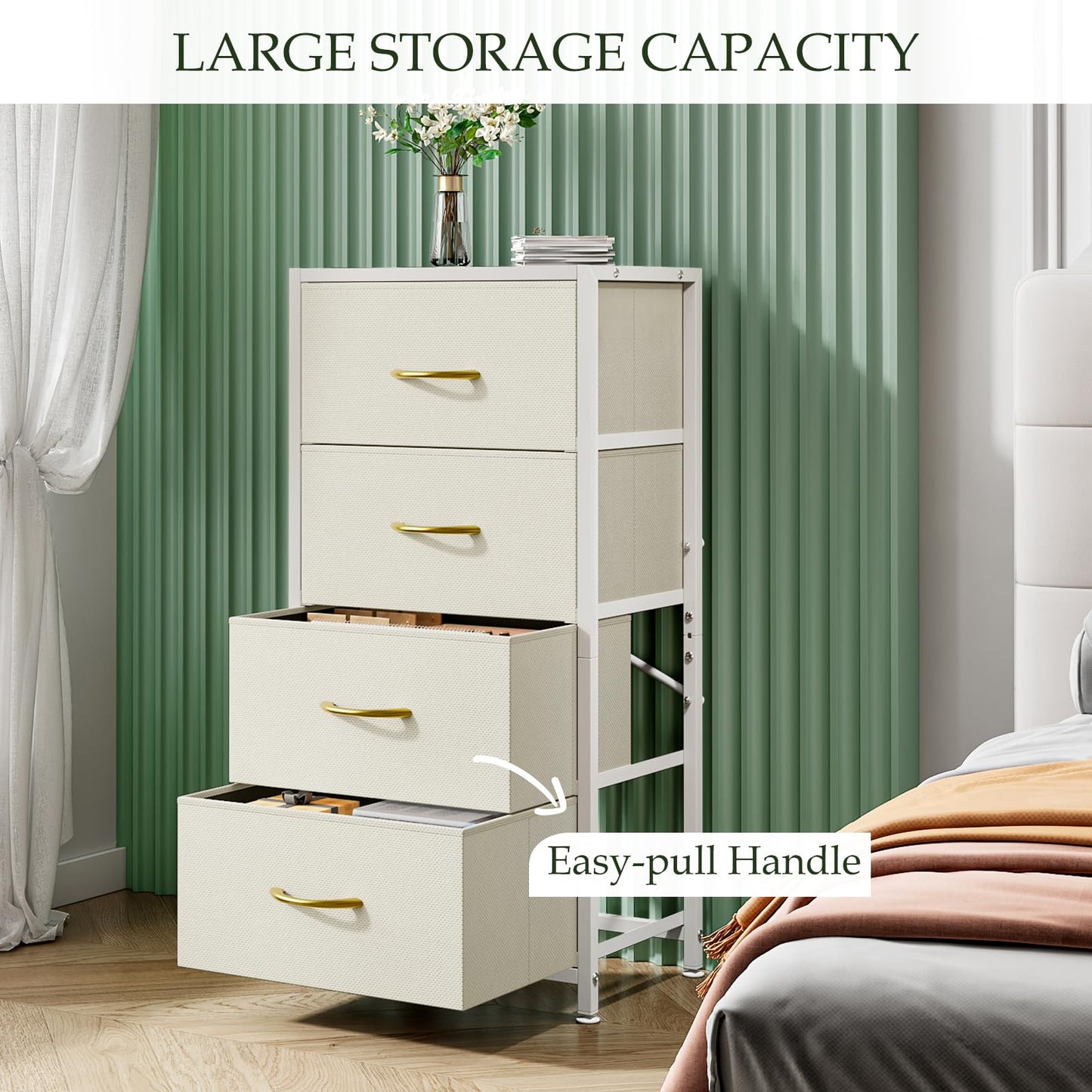 4-Drawer Dresser Vertical Storage Tower Fabric Dresser for Bedroom, Hallway, Entryway, Closet Organizer, Nightstand Bedside Table Furniture,Wooden Top (4-Tier, White)