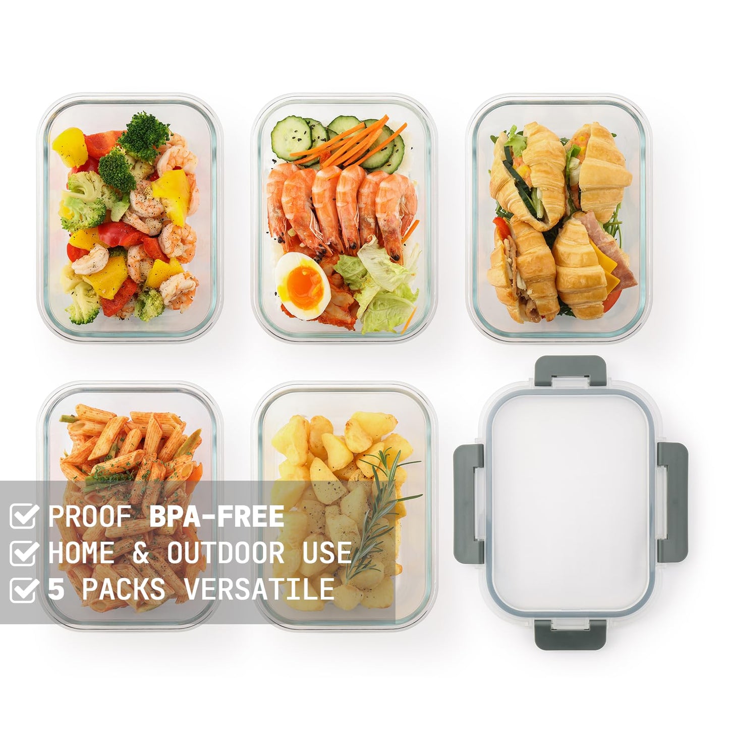Cuiselect 5 Pack 36 Oz Glass Meal Prep Containers with Lids, Reusable Glass Food Storage Containers with Lids, Leak Proof, Microwave, Oven, Freezer and Dishwasher Safe (Gray)