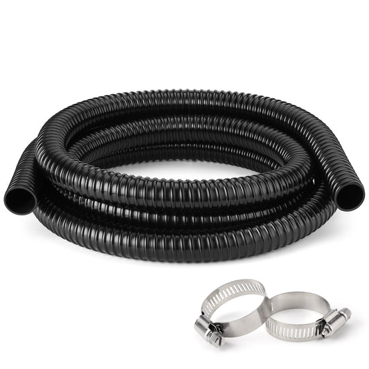1 Inch Pond Tubing – 10ft Flexible PVC Corrugated Pond Hose with 2 Stainless Steel Hose Clamps, Kink-Proof Black Plastic Pump Tubing for Garden Ponds, Waterfalls, Filters & Drainage