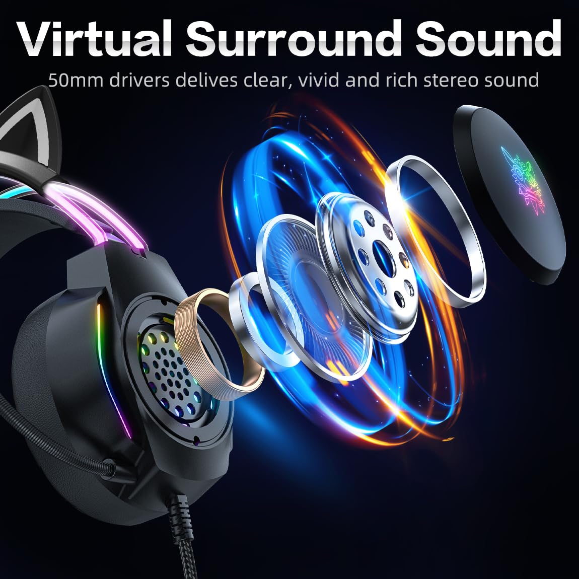 Gaming Headset with Microphone, Cat Ears Headphones for PC/PS4/PS5/Switch, RGB Backlight & Virtual Surround Sound, Lightweight Over Ear Headphones with Auto-Adjustable Headband