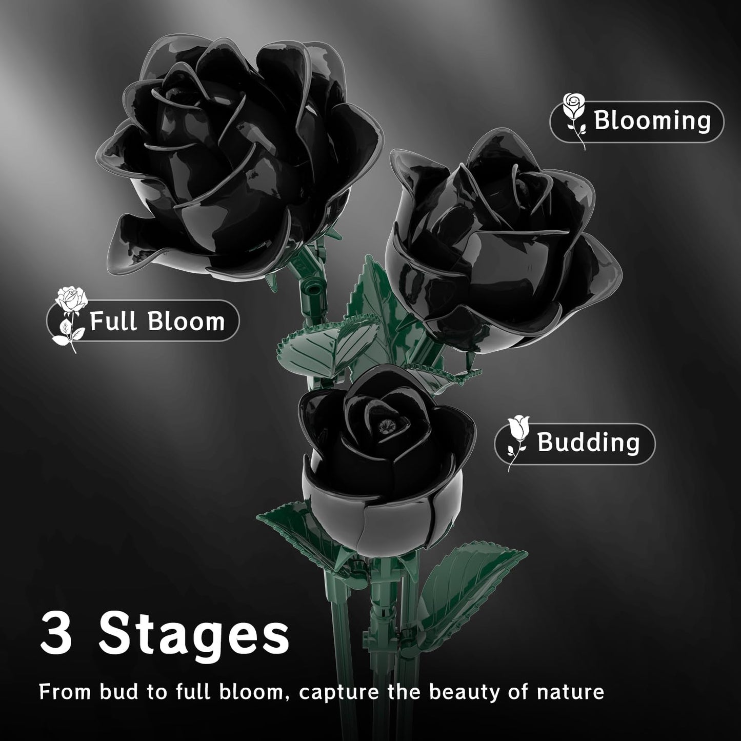 Black Roses Bouquet Building Set, Artificial Flowers Botanical Collection Building Block for Adults, Gothic Decor for Women, Girls, Compatible with Lego Flowers, 11009 (585PCS)