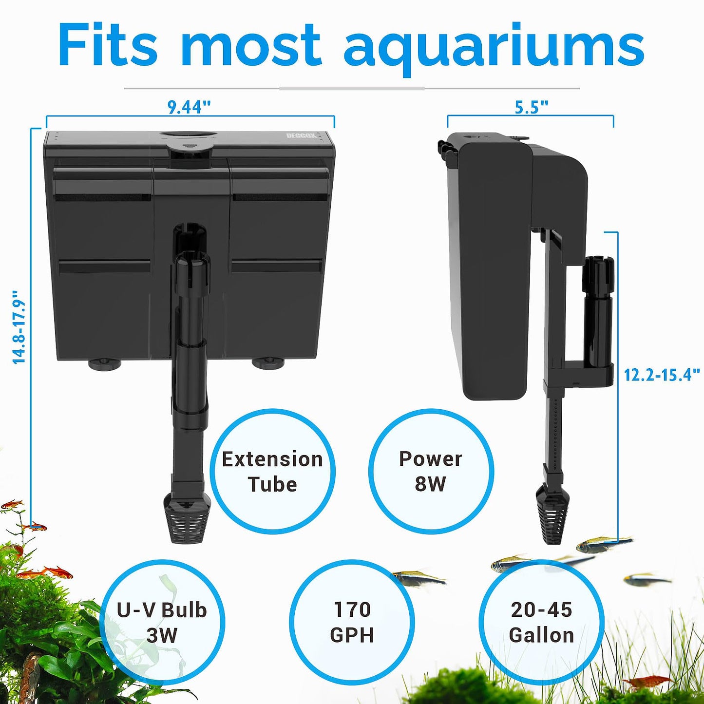 U-V Aquarium Filter for 20-50 Gallon Tank,Hang On Back Aquarium Filter Green Water Cleaning Machine,HOB Filter Ultra-Quiet Powerful Pump 170GPH for Fish Turtle Tank with Surface Skimmer