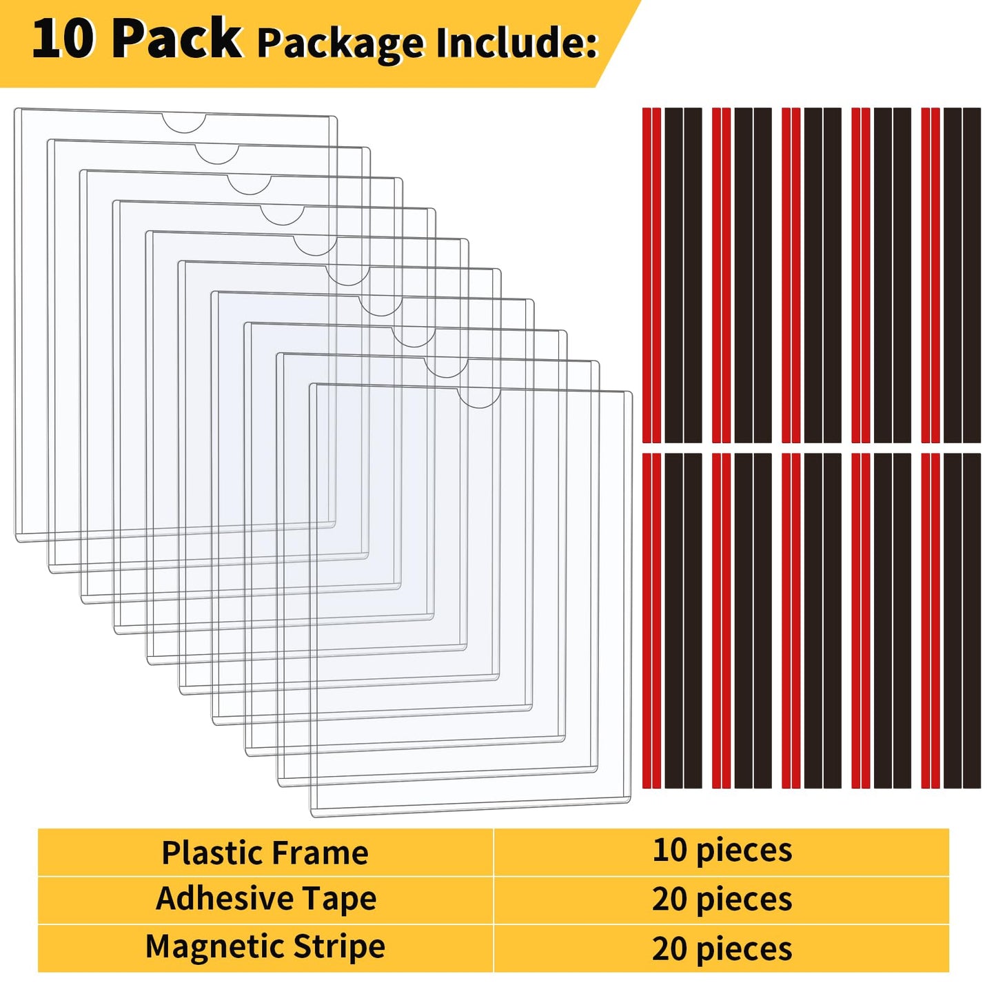 PUJIANG 10 Pack Magnetic Sign Holder 8.5 x 11 Wall Mount | Adhesive Document Frame for Posters, Menus, Notices | Rigid Plastic Sheet Protector with Strong Magnet Strips & Adhesive Tape | for Office Door, Retail Glass, Metal Surfaces