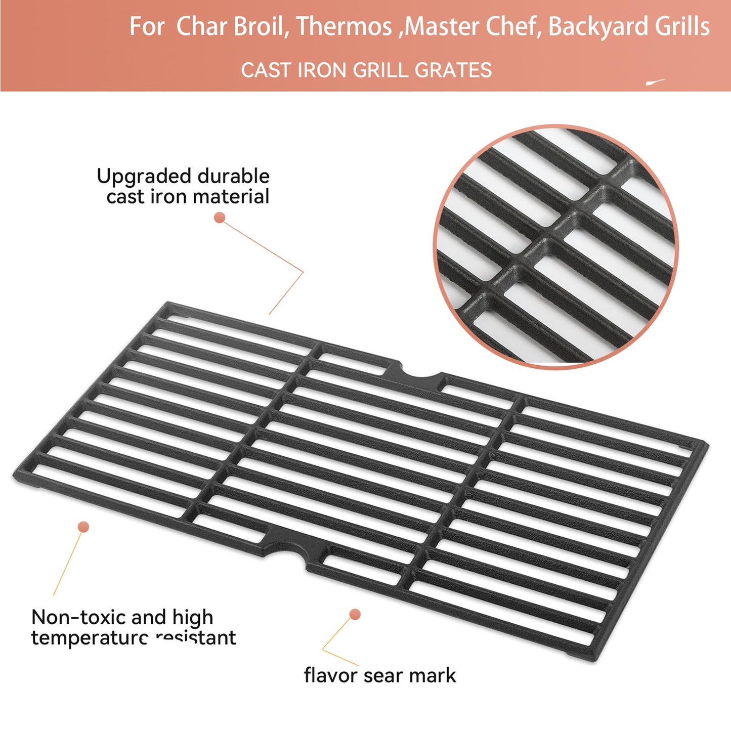 16 7/8" Grill Grates for Charbroil 463420508, 463420511, 463436214, 463440109 Gas Grill, Porcelain Coated Cast Iron Cooking Grids for Char Broil, Thermos, Master Chef, Backyard, 3 Pack