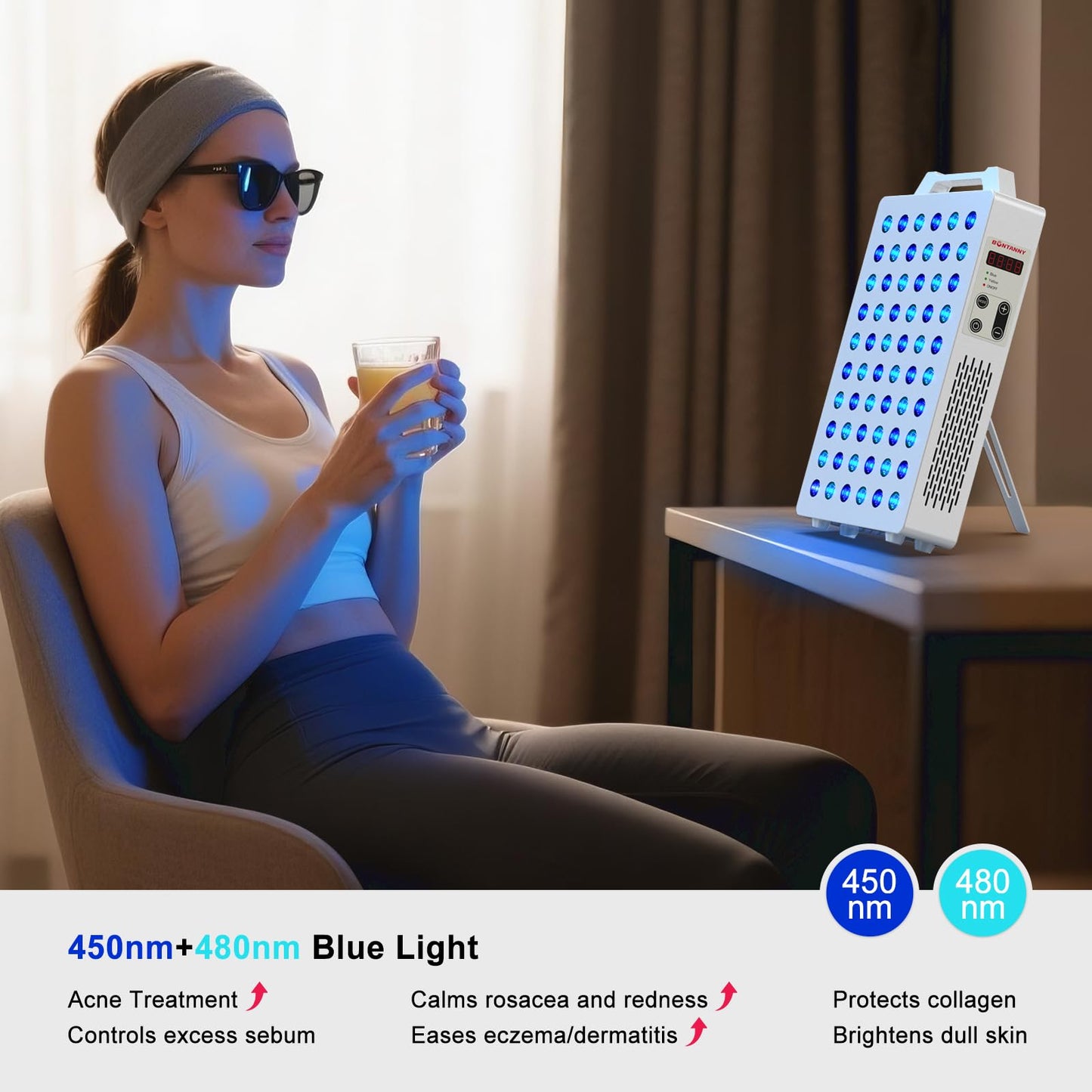 BONTANNY Blue Light Device, 450nm 480nm 590nm Blue Yellow Light Panel with 60 Pcs Dual Chips LEDs, Remote Control, Timer, Hanging Kit & Adjustable Stand for Home Office & Gym, BO-300 (White)