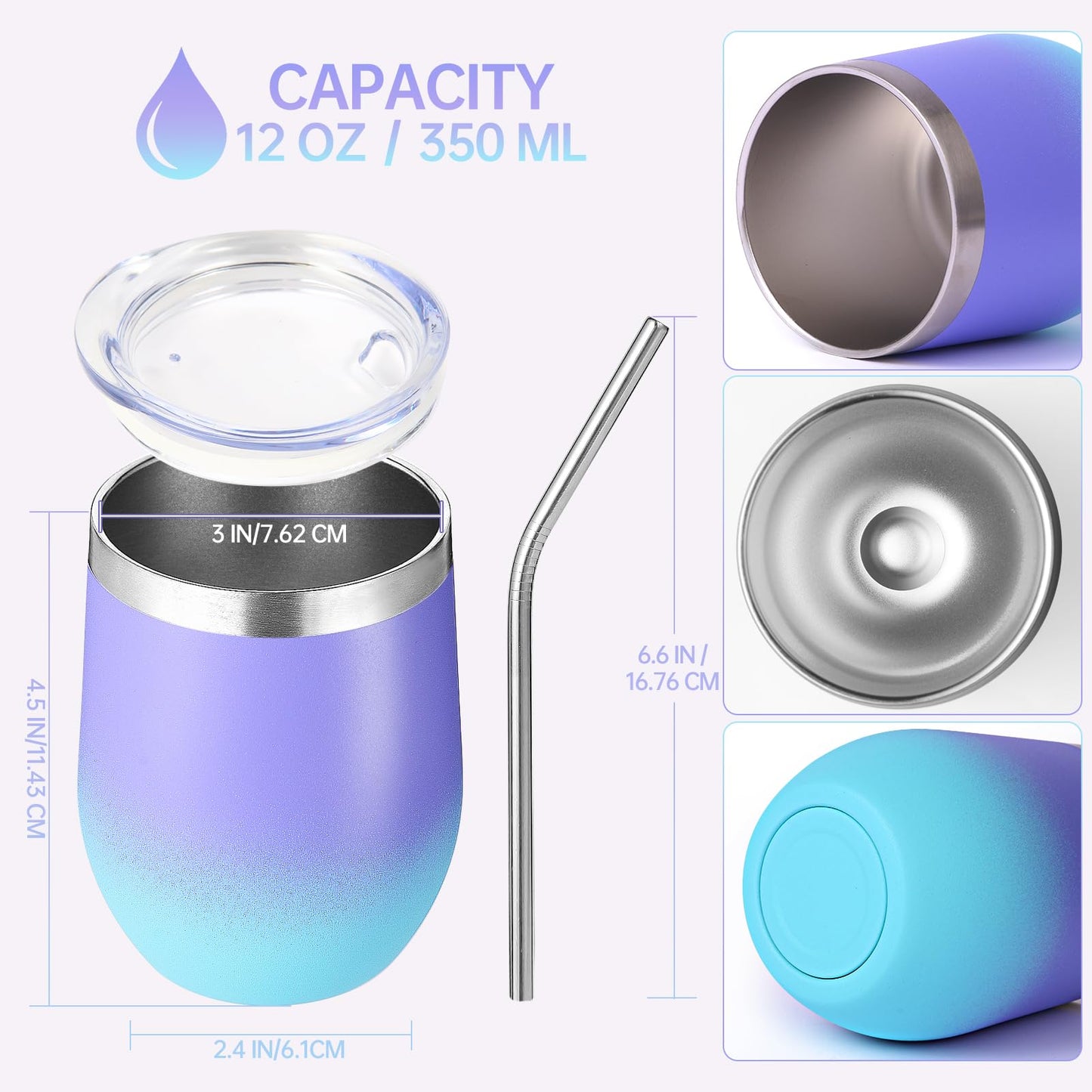 Volhoply 12oz Stainless Steel Wine Tumbler with Lid Bulk 8 Pack,Double Wall Vacuum Stemless Wine Glasses,Reusable Metal Travel Coffee Mug with Straw,Insulated Cup Gift for Christmas（Purple Bule,8 Set）