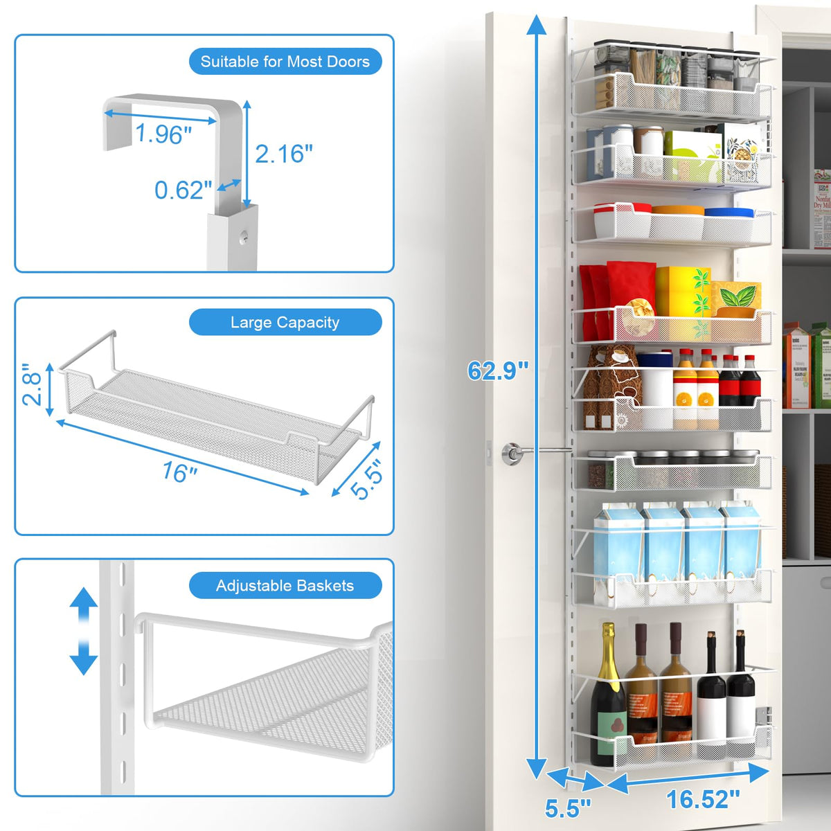 VyGrow 8-Tier Over the Door Pantry Organizer with Adjustable Basket, Pantry Door Organization for Pantry Kitchen Storage Room Spice Rack, White