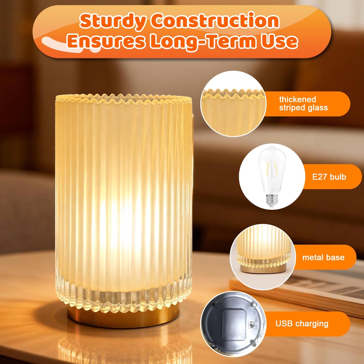 AGJIQ Table Lamp, Wireless Bedside Lamp with Glass Shade E27 Bulb, Decorative Ambiance Bedside Lamp Suitable for Bathroom,Rechargeable Romantic Atmosphere Light with LED Bulb（Matte Amber）