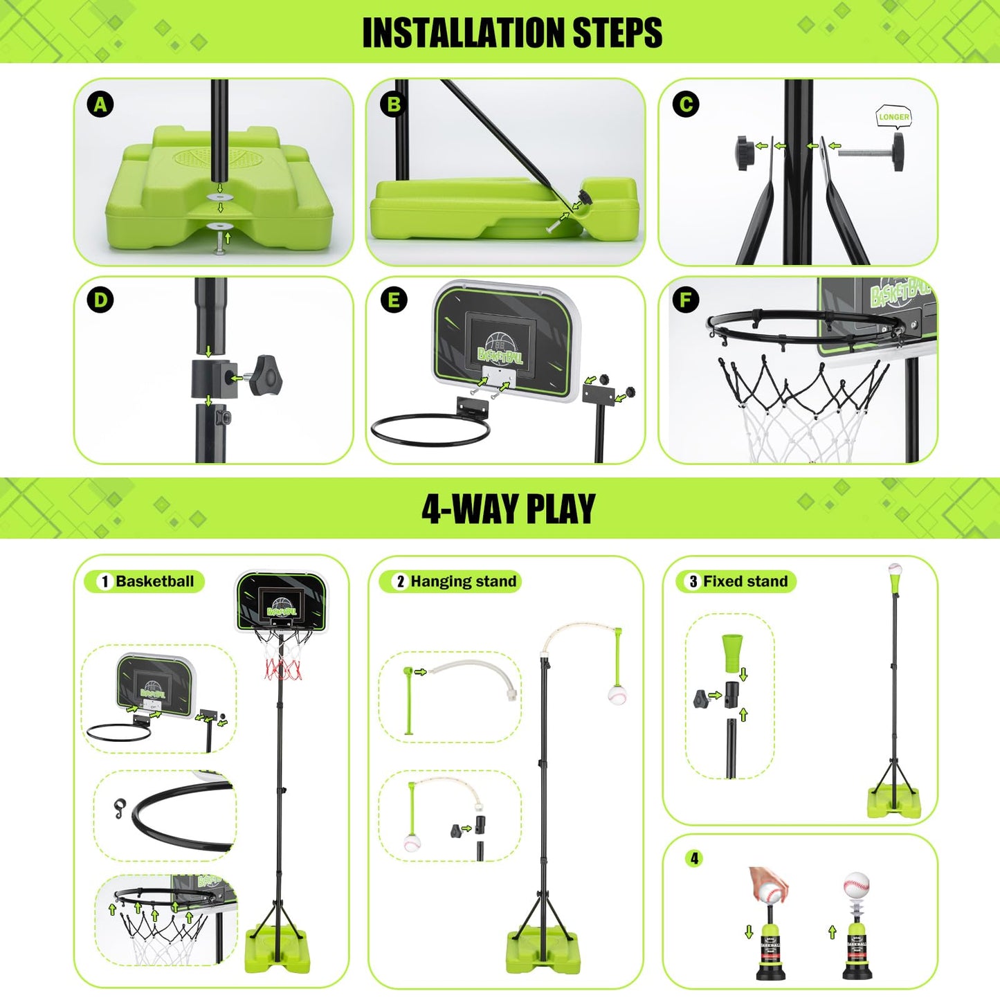 4 in 1 Kids Basketball Hoop and Tball Set for Kids 3-5, Adjustable Height Toddler Basketball Hoop, Hanging Tee Baseball with Automatic Pitching Toddler Birthday Gift Outdoor Toys for 3-12 Years Old