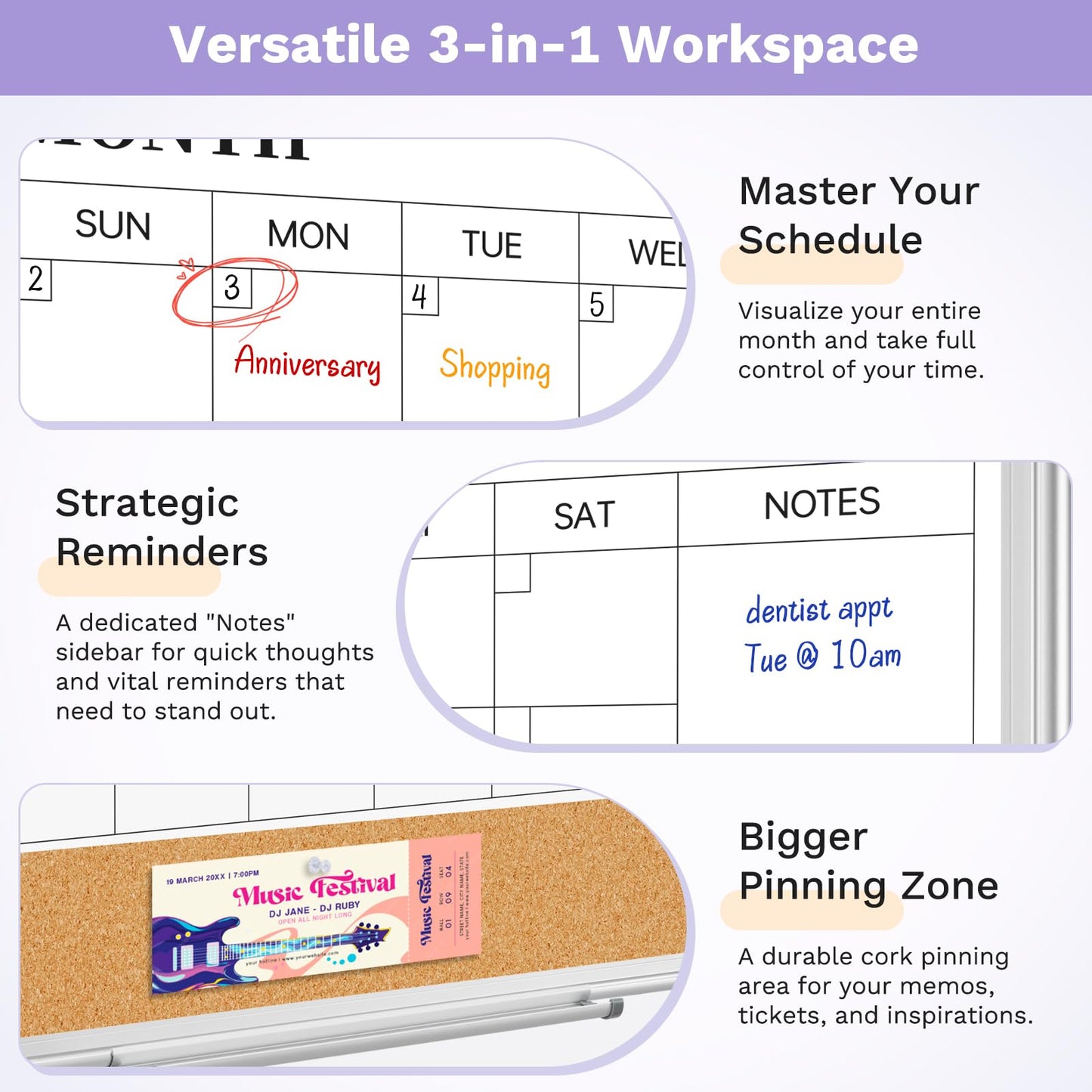 Dry Erase Calendar & Cork Board Combo 36"x24", Double-Sided Magnetic Whiteboard for Wall, Large Monthly Planner with 3-in-1 Versatility, Aluminum Frame Memo Board for Home, Office & School