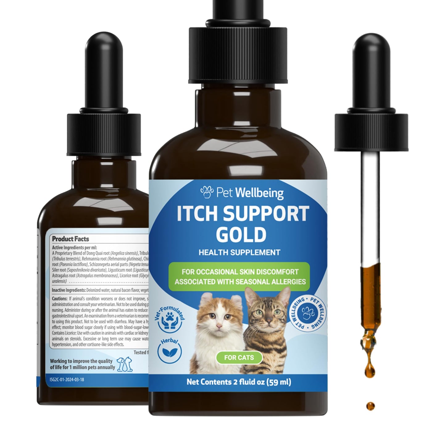 Pet Wellbeing Itch Support Gold for Cats - Occasional Itching, Scratching, and Hot Spots, Environmental and Seasonal Allergies, Dong Quai - Veterinarian-Formulated Herbal Supplement 2 fl oz (59 ml)