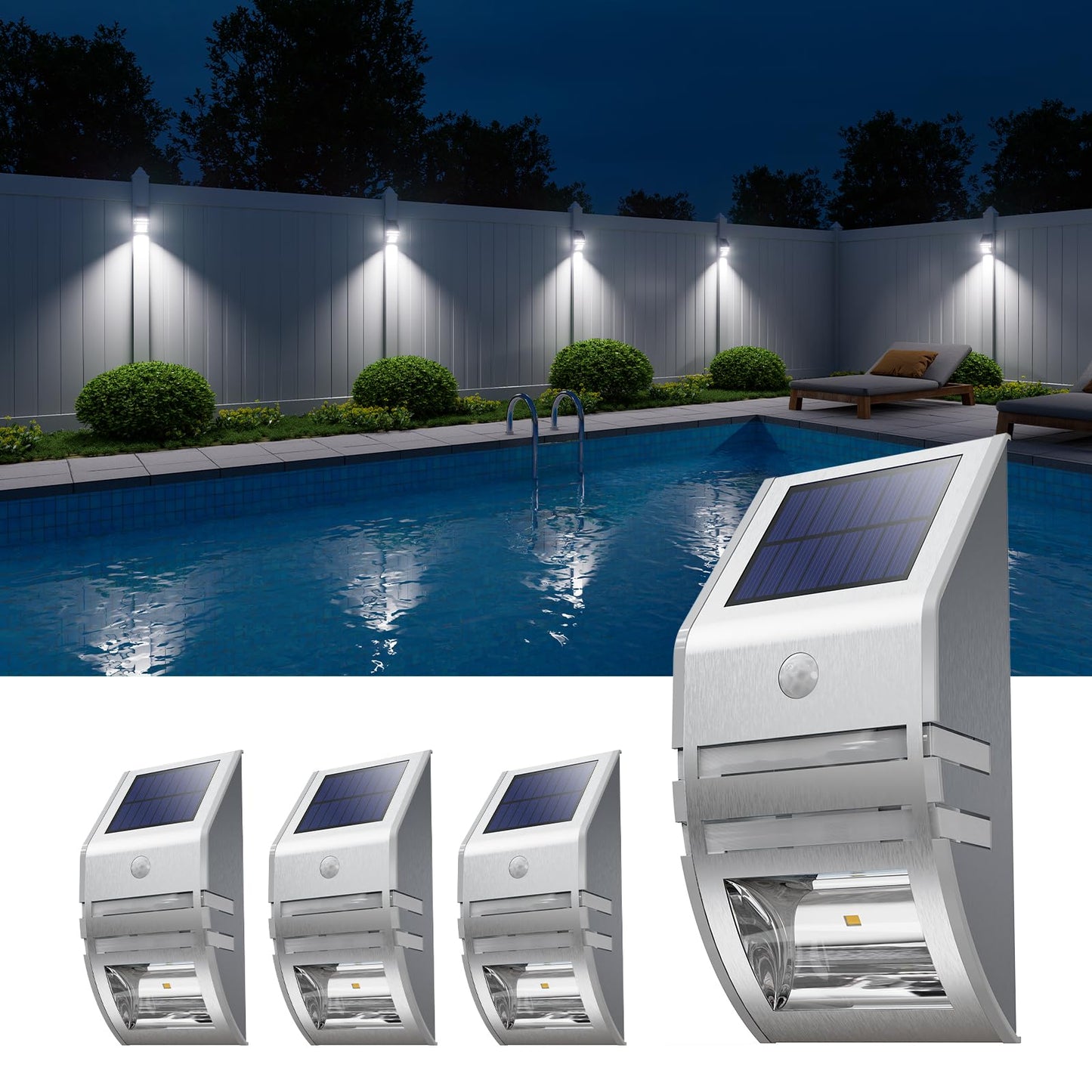 4 Pack Solar Wall Lights, Stainless Steels Outdoor Waterproof Motion Sensor Modern Metal Lamps for Fence, Deck, Post, Stair, Front Porch, Dock, Patio, Yard, House Siding, Convenient Security Lighting
