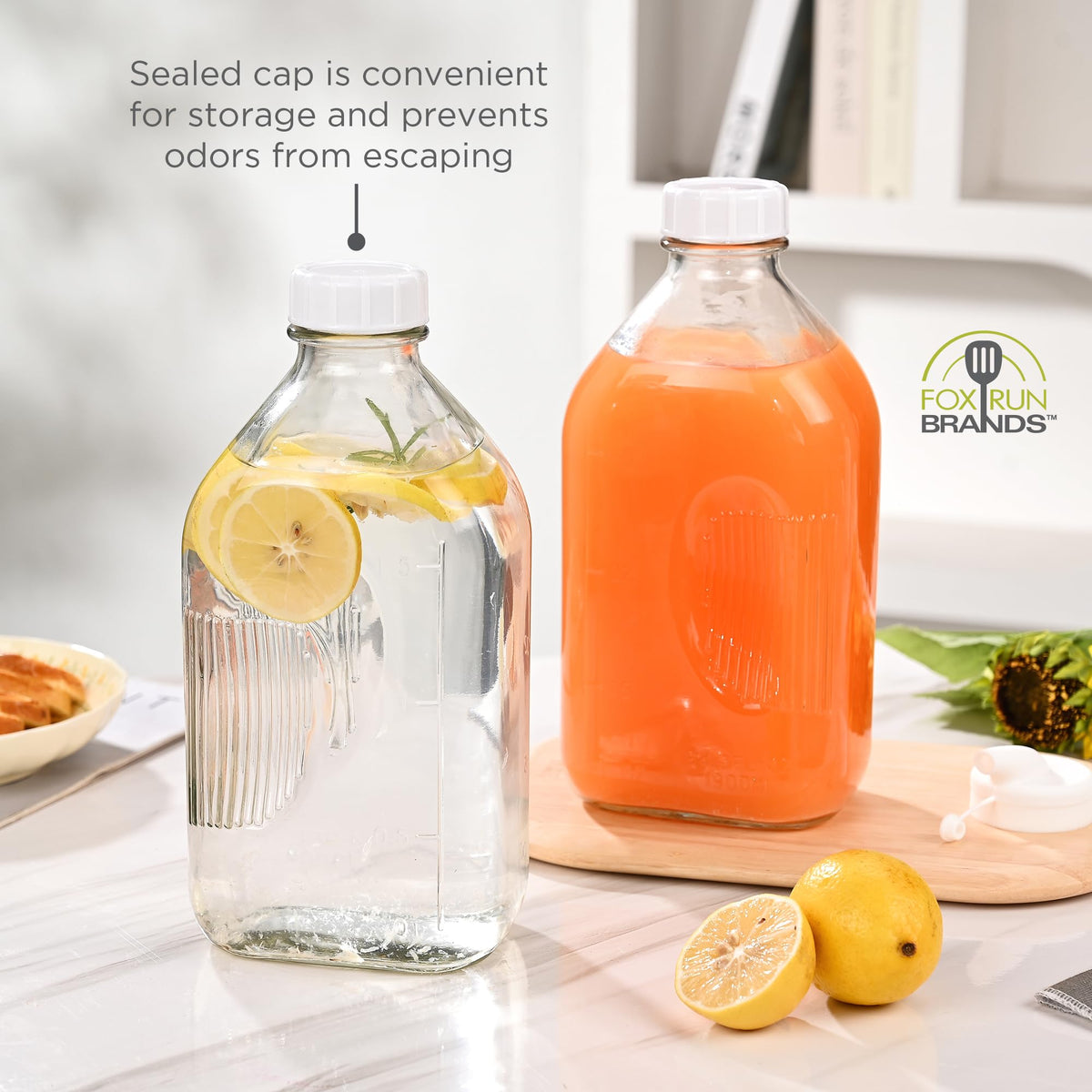 Fox Run Large Glass Milk Bottles, Set of 2 64oz/2 Quart Capacity Glass Bottles with Airtight and Pouring Lids