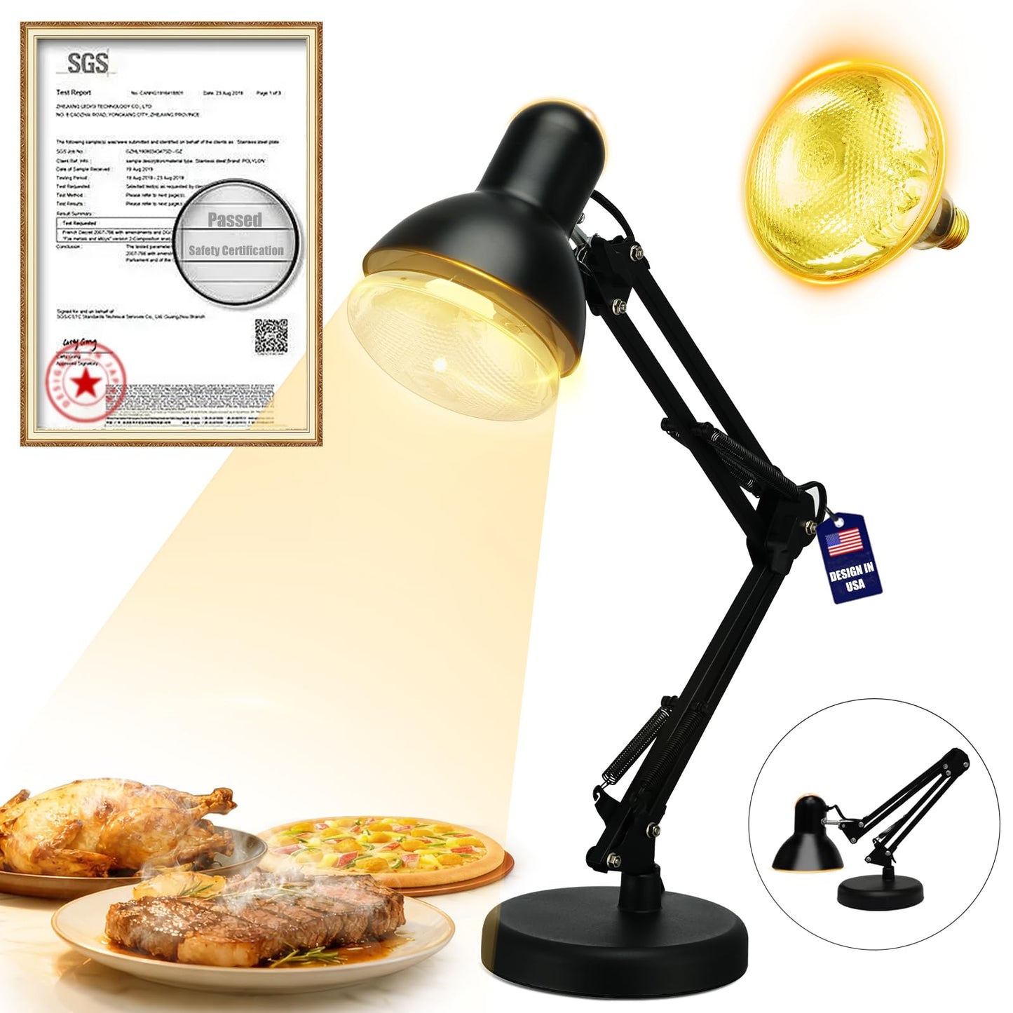 Portable Food Heat Lamp -【Foldable Design】【Quickly & Stable Heating】 Food Warmer Light, Commercial Heat Lamp for Food, Catering Warming Lamp for Parties, Buffet, Pizza, Chicken, Chocolate (Black)