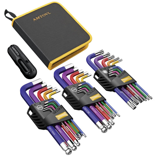 AMTOVL 27PCS Allen Key Set - Metric & SAE Allen Wrench Set, Extra Long Ball & Star End Hex Keys with T-Handle & Color Coding for Bicycle, Household DIY