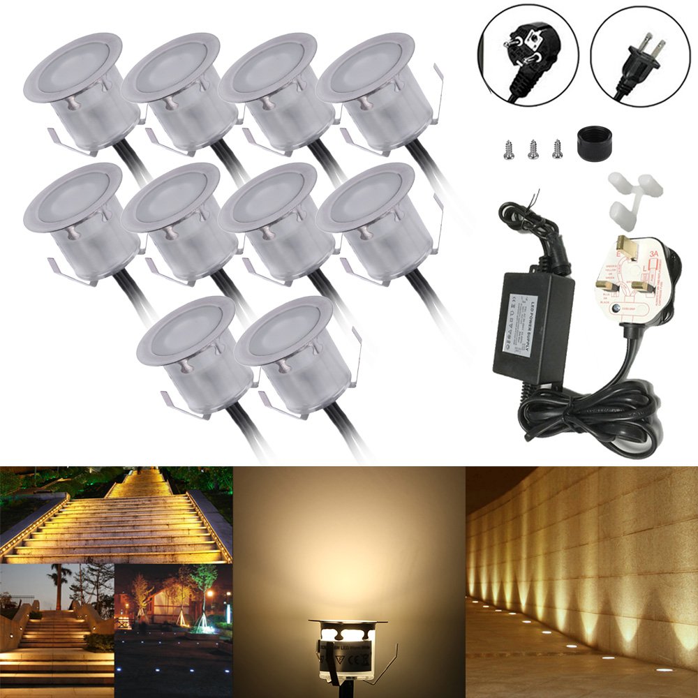 10PCS 32mm Outdoor Waterproof LED Deck Light Kit Landscape Recessed Lighting for Step Stair Yard Garden Patio Warm White