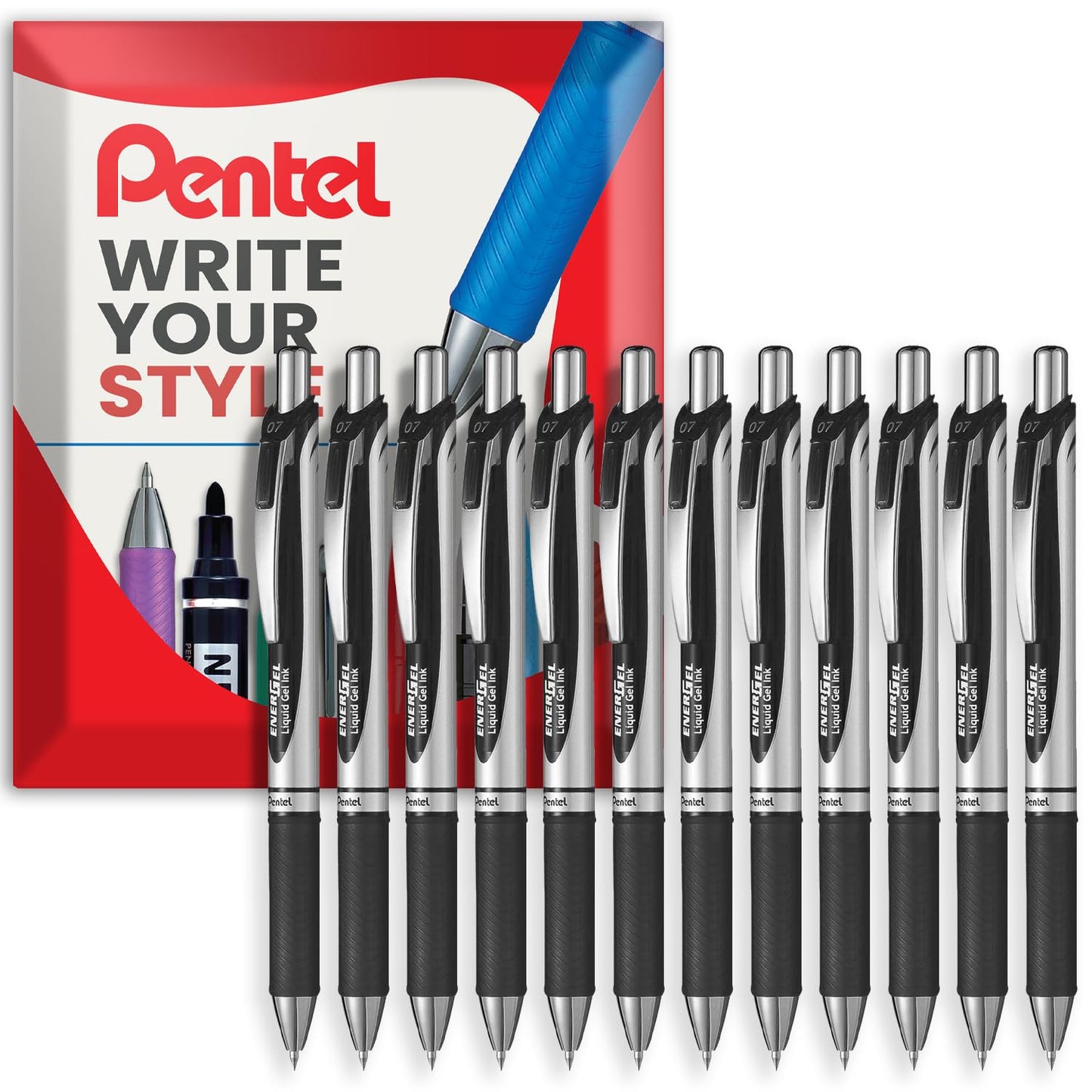Pentel EnerGel XM BL77 - Retractable Liquid Gel Ink Pen - 0.7mm - 54% Recycled - Black Ink - Pack of 12 in Wallet