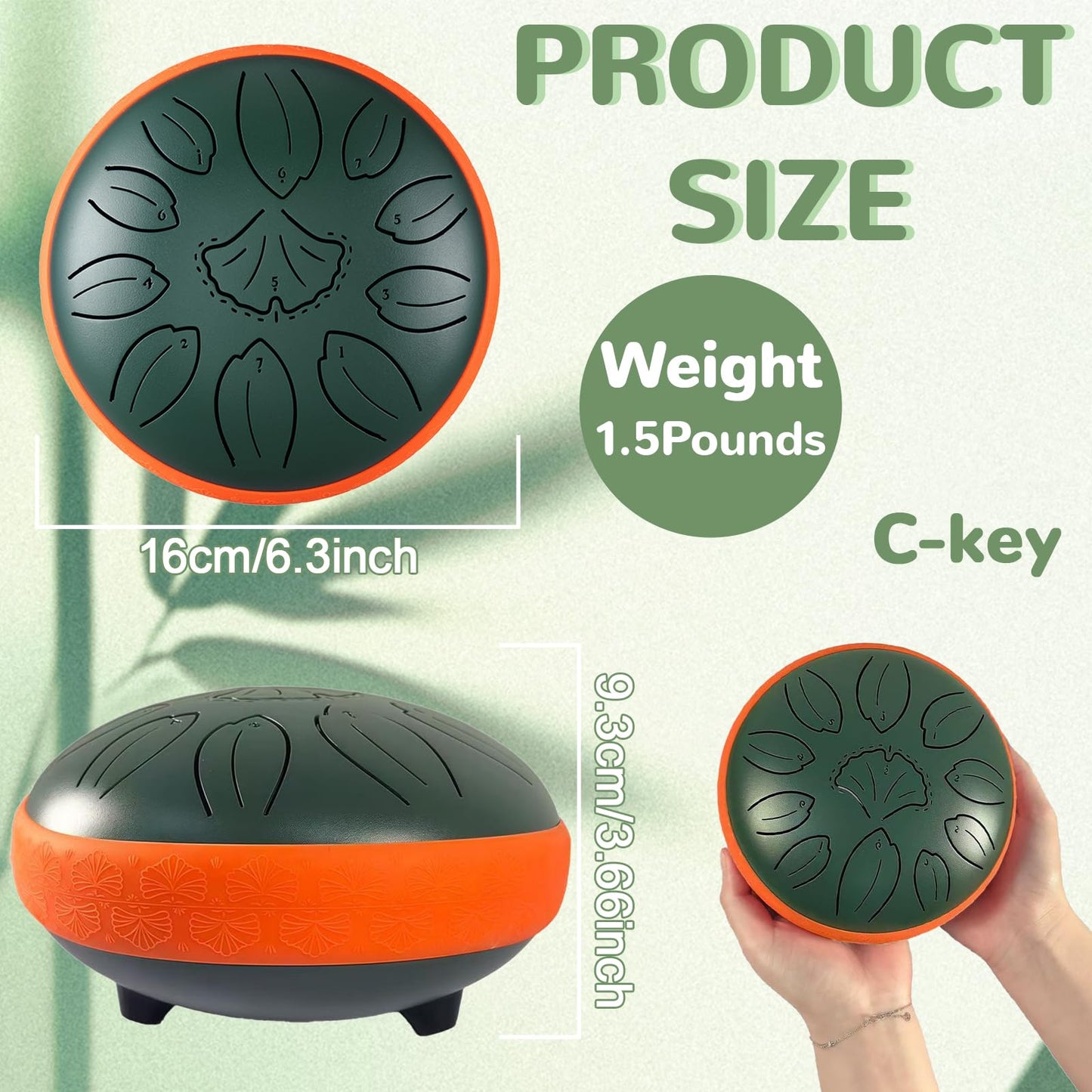 TUOKING Rain Drum for Outside Steel Tongue Drum 6 Inch 11 Notes C Key Handpan Drum for Adults and Beginners Sound Healing Musical Instrument Gift for Meditation, Yoga, Music Lovers(Green)