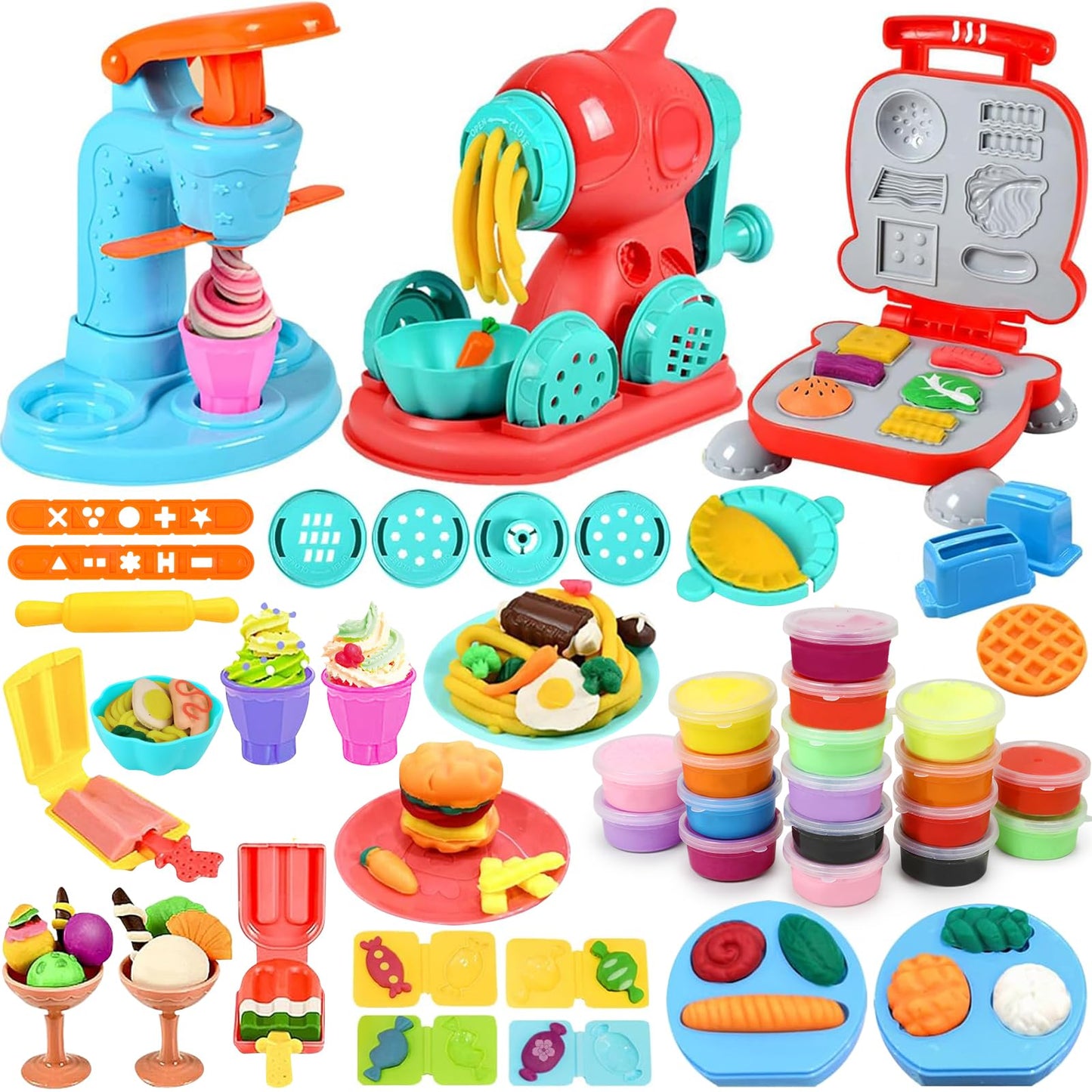 3 in 1 Color Dough Kitchen Creations Set Ice Cream Noodle Hamburger Maker Machine Art Crafts Food Modeling Play Toys Deluxe Tools Kit for Boys Girls Kids Toddlers Ages 3+ (12 Colors Dough)