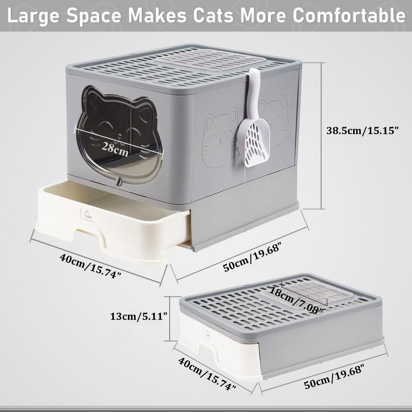 HelloMiao Fully Enclosed Cat Litter Box with Lid, Foldable Extra Large Cat Toilet, Drawer Type Cat Litter Tray with Plastic Scoop, Suitable for Cats Under 17.6Ib(8kg)