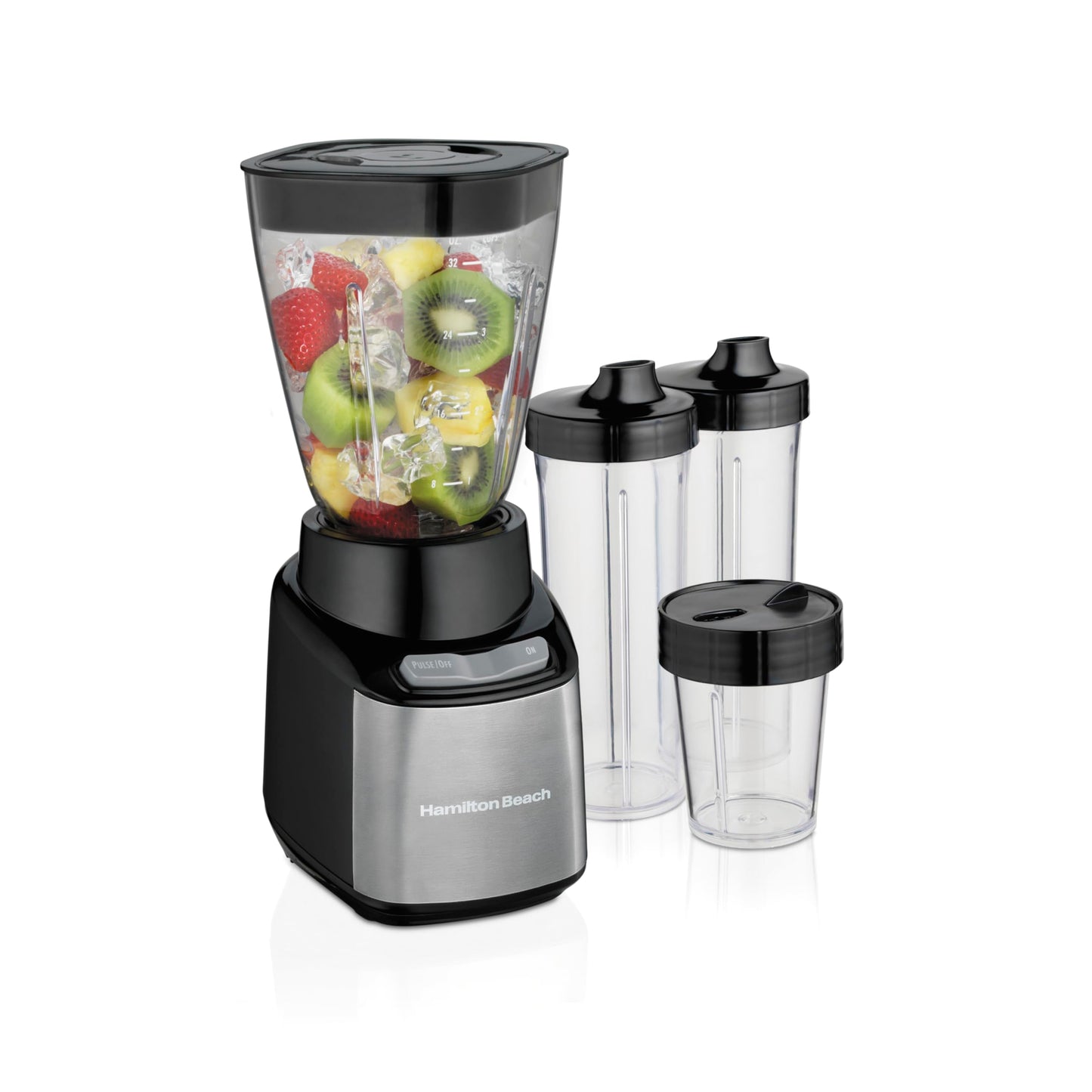 Hamilton Beach MultiBlend Smoothie Blender System, 650W, 4 Shatterproof BPA-Free Jars & Lids, 32 oz Jar, 8 oz Grinder, 2 Travel Cups, Black and Stainless, 52400