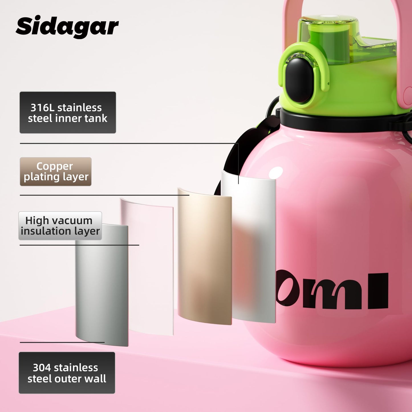 Sidagar 60 oz Half Gallon Insulated Water Bottle with Handle, 316 Stainless Steel Leakproof Large Travel Flask with Cute Doll Charm, Aesthetic Strawberry Pink Gift for Women Girl