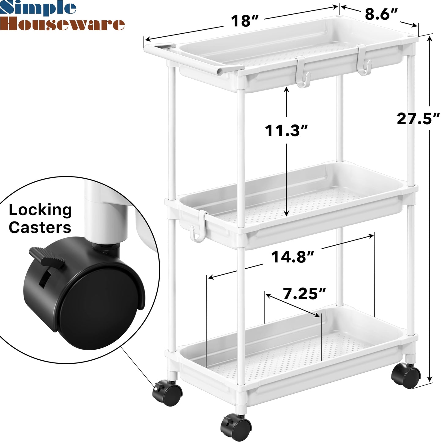 Simple Houseware 3-Tier Slim Storage Cart - Narrow Rolling Utility Cart on Wheels for Tight Spaces - Bathroom, Kitchen & Laundry Organizer, White