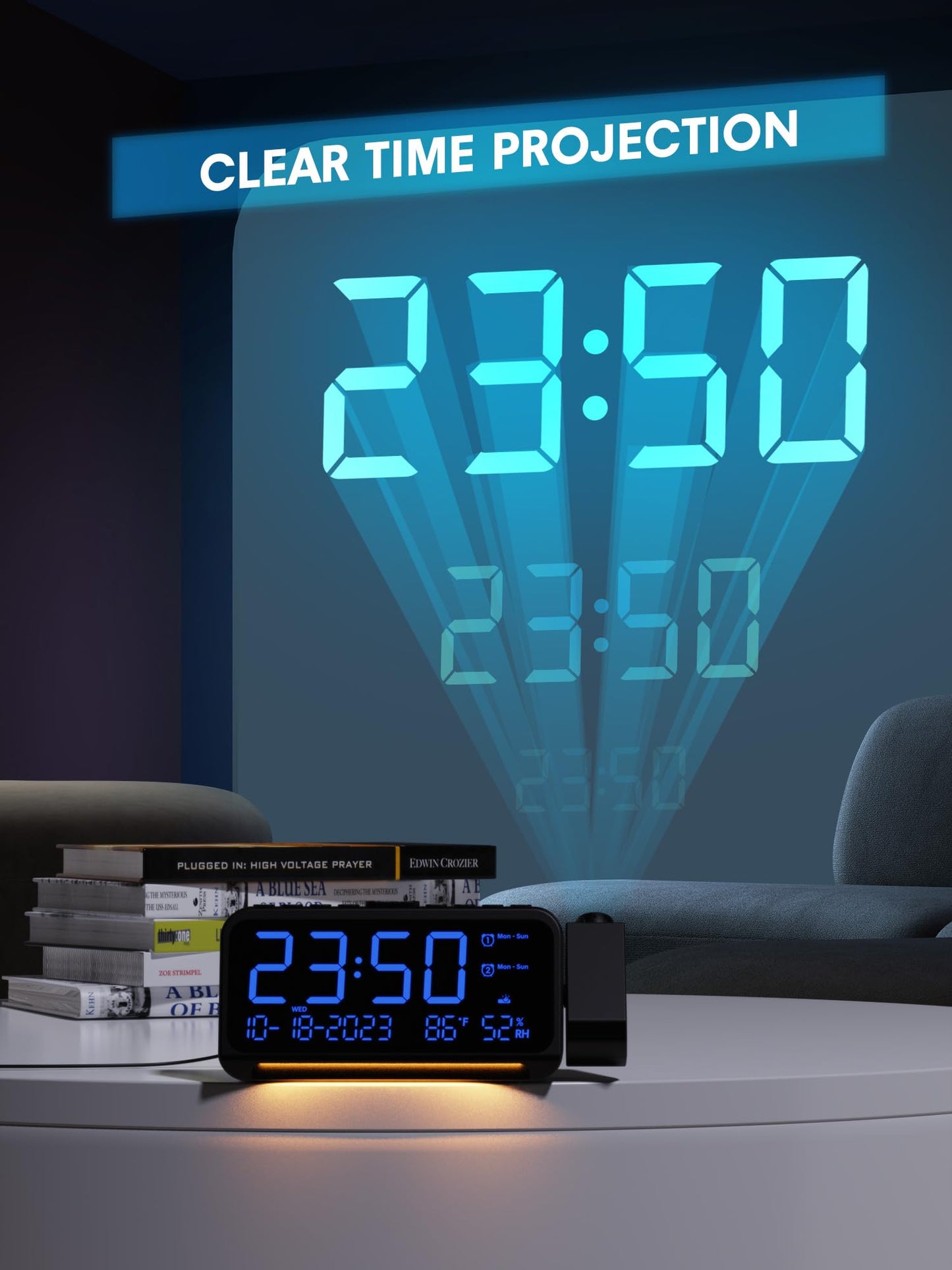 350° Rotatable Projection Alarm Clock, Dual Alarm and Nightlight, Adjustable Brightness and Volume, USB-A & Type-C Charging, 9mins Snooze,12/24H/DST, Digital Calendar Clocks for Bedrooms