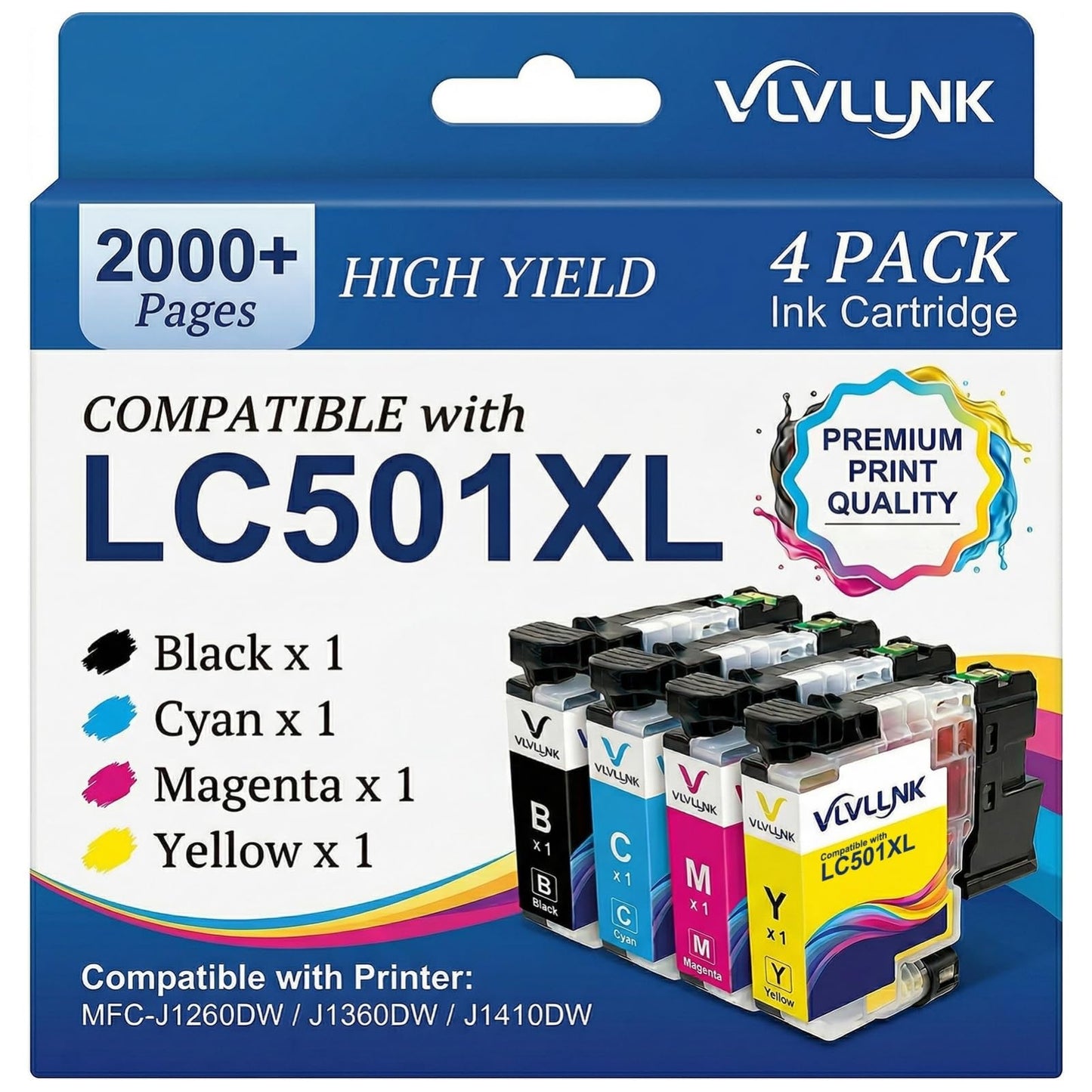 LC501XL Ink Cartridges Compatible with Brother LC501XL LC501 Ink cartridges LC501 XL Work with Brother MFC-J1360DW MFC-J1410DW MFC-J1260W Printer 4 Pack Black Cyan Magenta Yellow