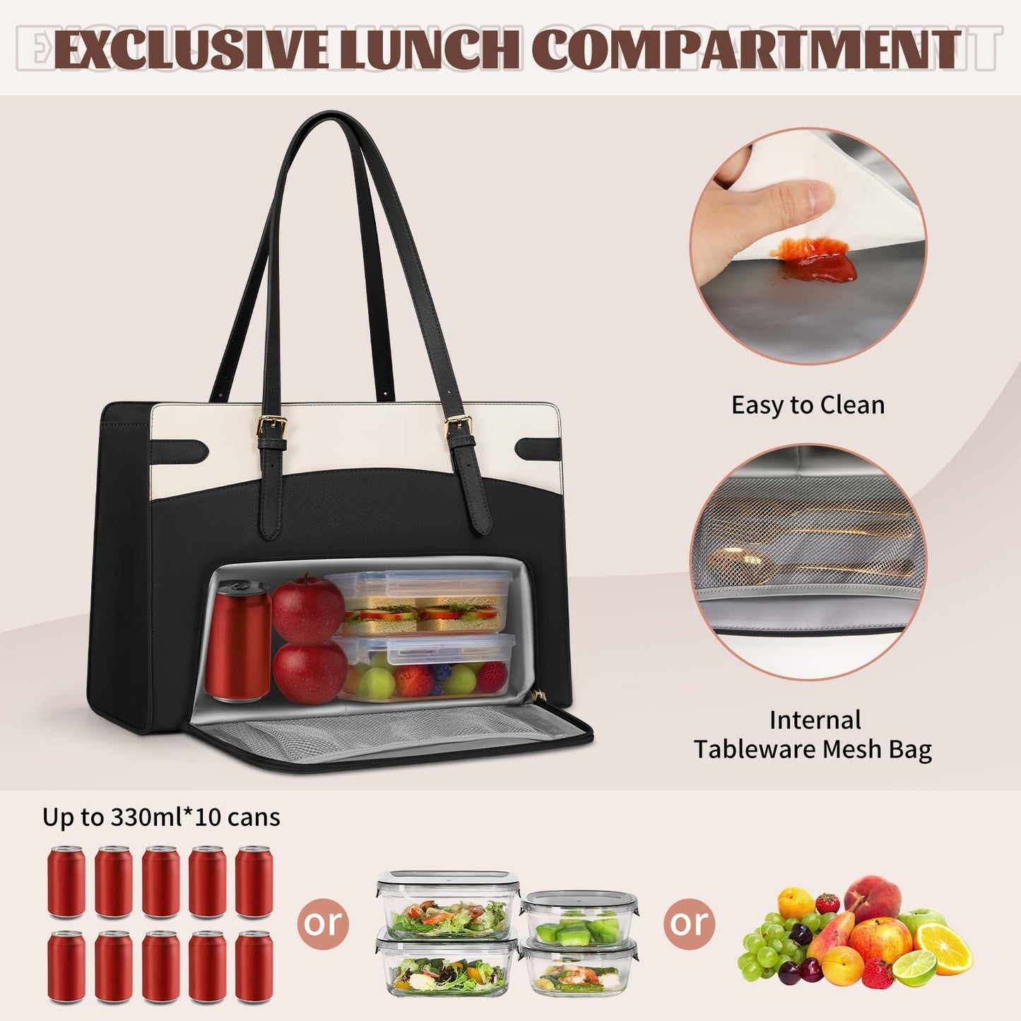 RAINSMORE Laptop Bags for Women with Lunch Compartment,Large Work Bag Women 15.6 inch Laptop Tote Bags for Women PU Leather Laptop Purse,Black