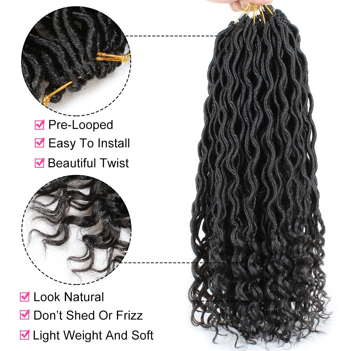 Xtrend 24 Inch 6 Packs Long Black Goddess Faux Locs Crochet Braids Curly Ends Wavy Synthetic Braiding Hair Extension for Black Women Dreadlock Braiding Hair 20 Strands/Pack 1B#